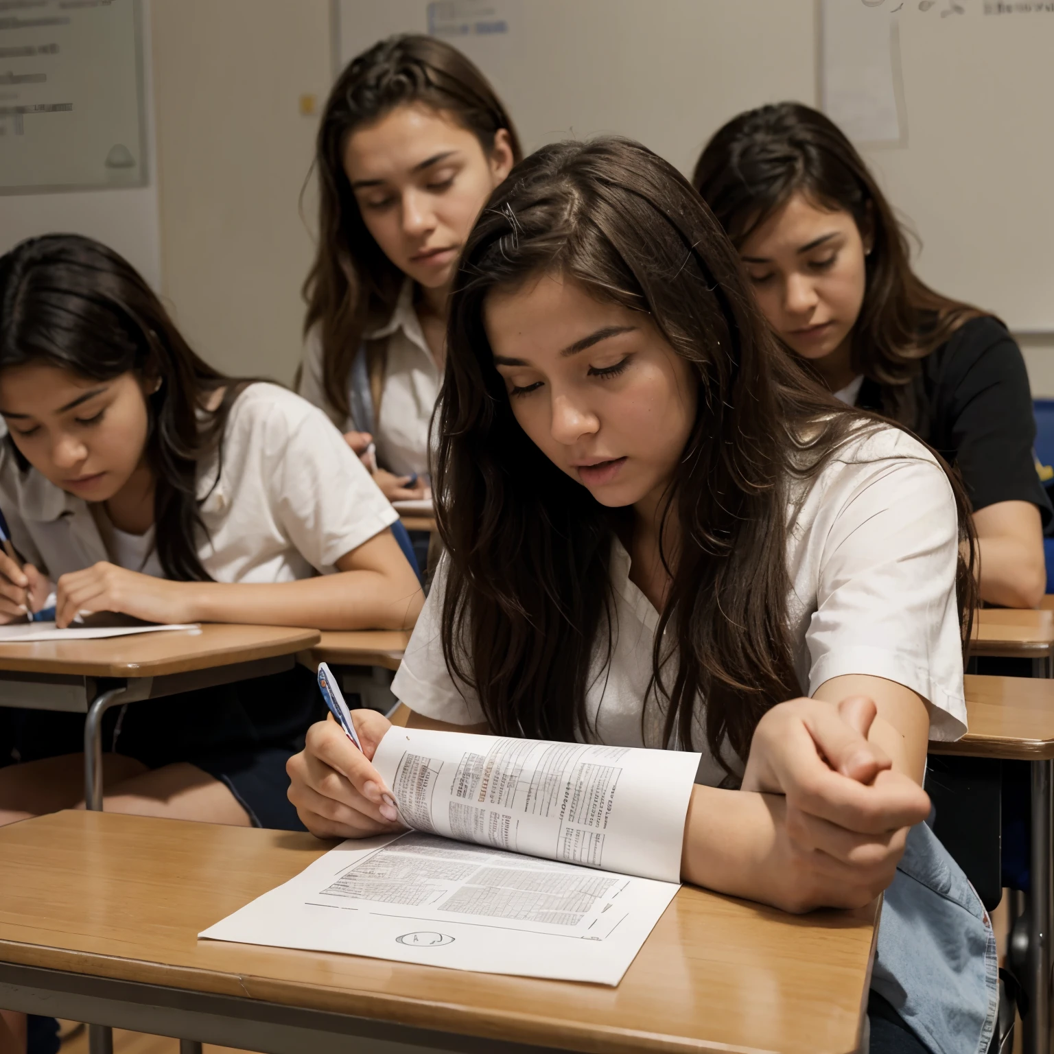 Realistic photo of students taking exam and don't know the answer