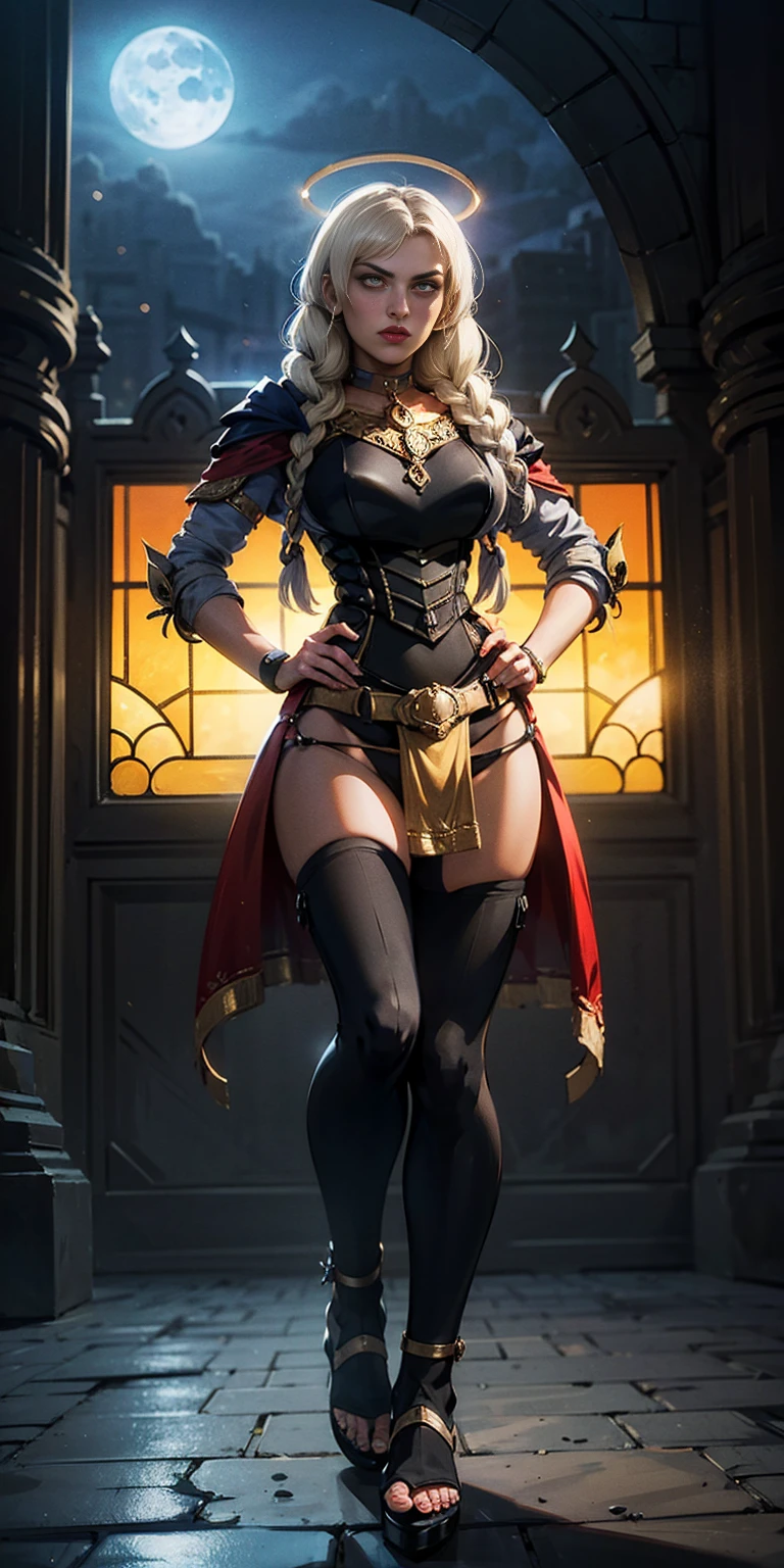 paladin lady in ornate golden armor, black collar, pauldrons, breastplate, corset, glowing halo, single braid, blonde, yellow glowing eyes, bright pupils, eye focus, red cape, temple indoors, stained glass windows, night, moonlight, particles, light beam, chromatic aberration, (full body, whole body. 1solo (girl). slave fighter, loincloth standing, hands on hips full body, whole body. 1solo (girl). slave fighter, loincloth standing, hands on hips, metal sandals, backpack, choker, big belt, view from below, feet together, bracers, tiara)