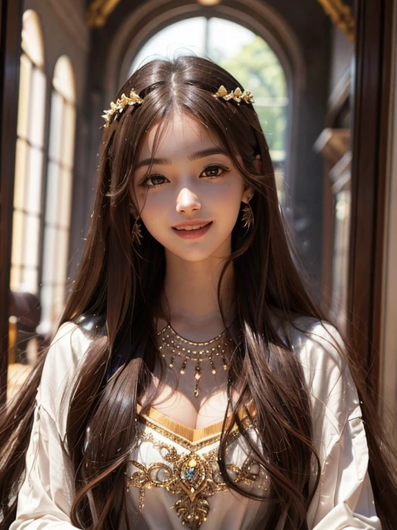 （hyper real），（enlightenment），（8K），（Best illustration），（super detailed），（master piece），（awesome wallpaper），（perfect details），（beautiful and delicate skin），（extraordinary gaze），（perfect quality），（gorgeous face），（unique look），（charming eyes），（perfect lips），（smiling face），（fascinating long hair），（Gives off a deep golden glow），（long hair fluttering in the wind），（glamorous bangs），（beautiful teeth），（Ruddy and smiling charm）
