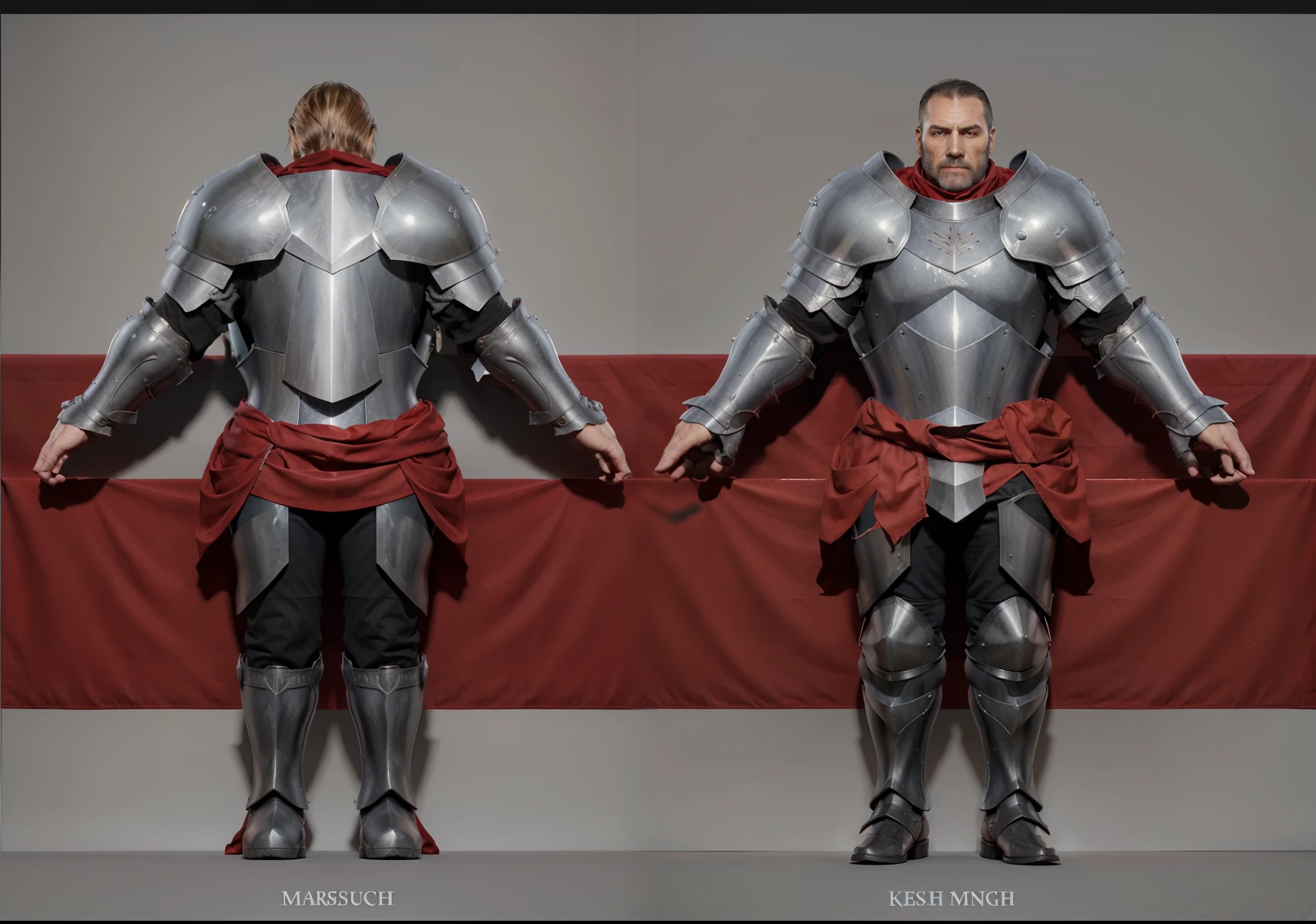 ( Realistic:1.33),(masterpiece:1.1),(highest quality:1.1),(HDR:1) a close up of a paladin with moonlit black armor , full body concept, detailed full body concept, medieval paladin style character, full body character concept,costume concept design, full body details, detailed full body concept art, full character body, character model sheet turnaround, fullbody shot turnaround, concept character sheet, full body concept art, reference model sheet , full body concept art, RPG style character, game character design, 3d character reference sheet, male, video game character concept, detailed character design, character sheet, character model sheet turnaround , front and back, front and back, warrior armor, ((red cloth scarf)), red cloth inside , medieval sleeve, (steel boot armor), moonlit shoulder black armor, grey clean background, 3D character, ((detailed knee armor)), heavy armor, leather belt with leather bag