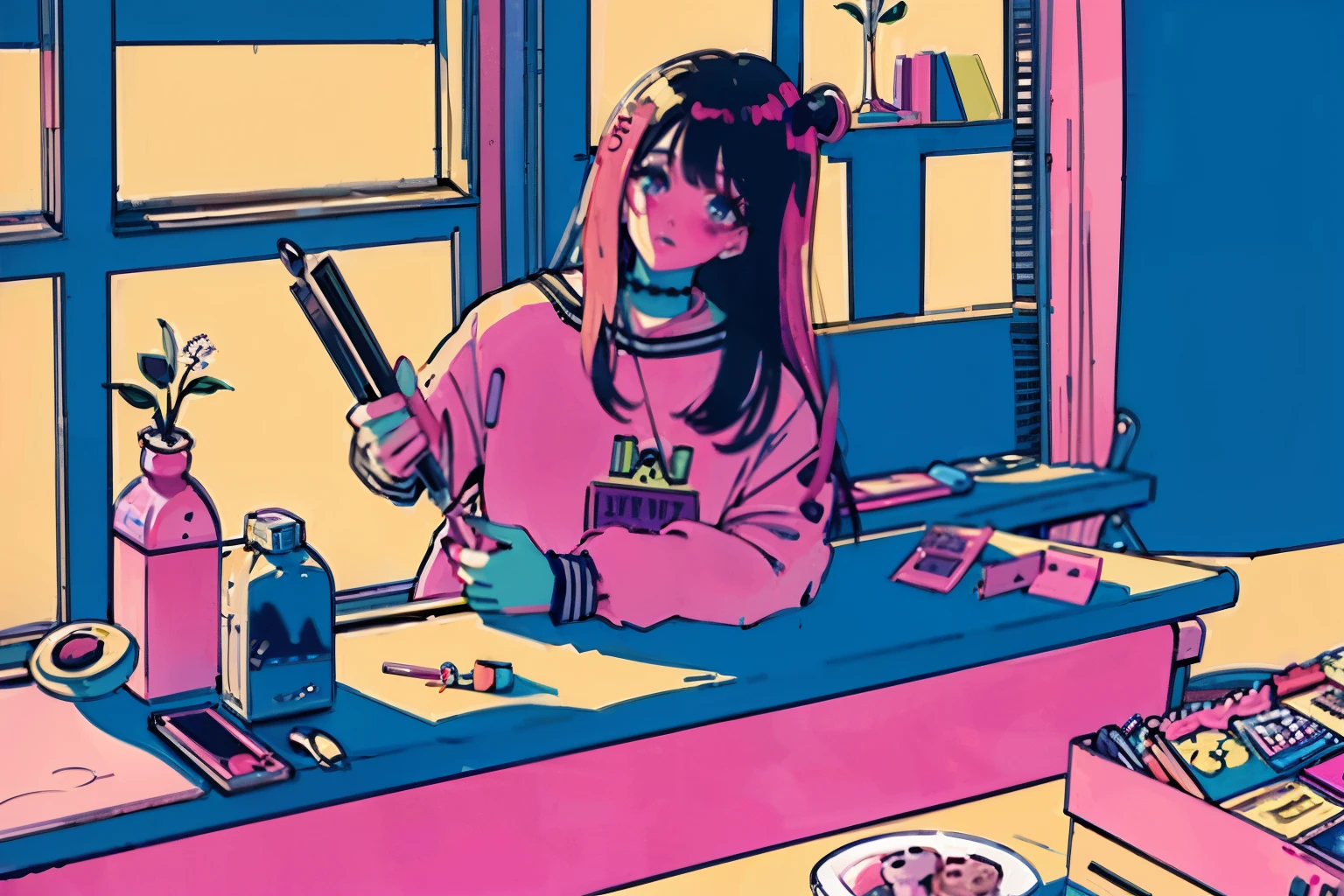 (masterpiece:1.5, highest quality:1.5), ((Vaporwave Style, partially colored)), close, From above, cinematic angle, (((vanilla))),
1 girl, alone, cute smile, (hold a vanilla ice cream), jewelry decoration, length_hair, The doll was a mess, decadent life,
poles outside the window, sunset outside the window, Street outside the window, the sunset outside the window,All pink、Makeup tools、Cosmetics are scattered in the background