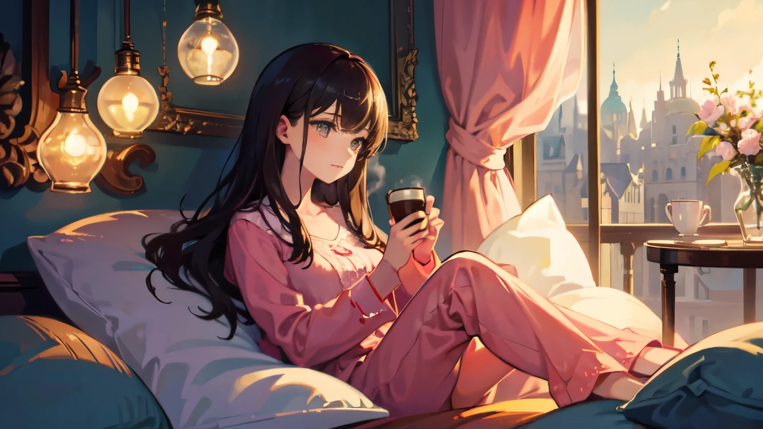 Artistic representation of a girl in pajamas, Enjoy coffee elegantly, Surrounded by an enchanting atmosphere, Beautifully expressed through illustrations.