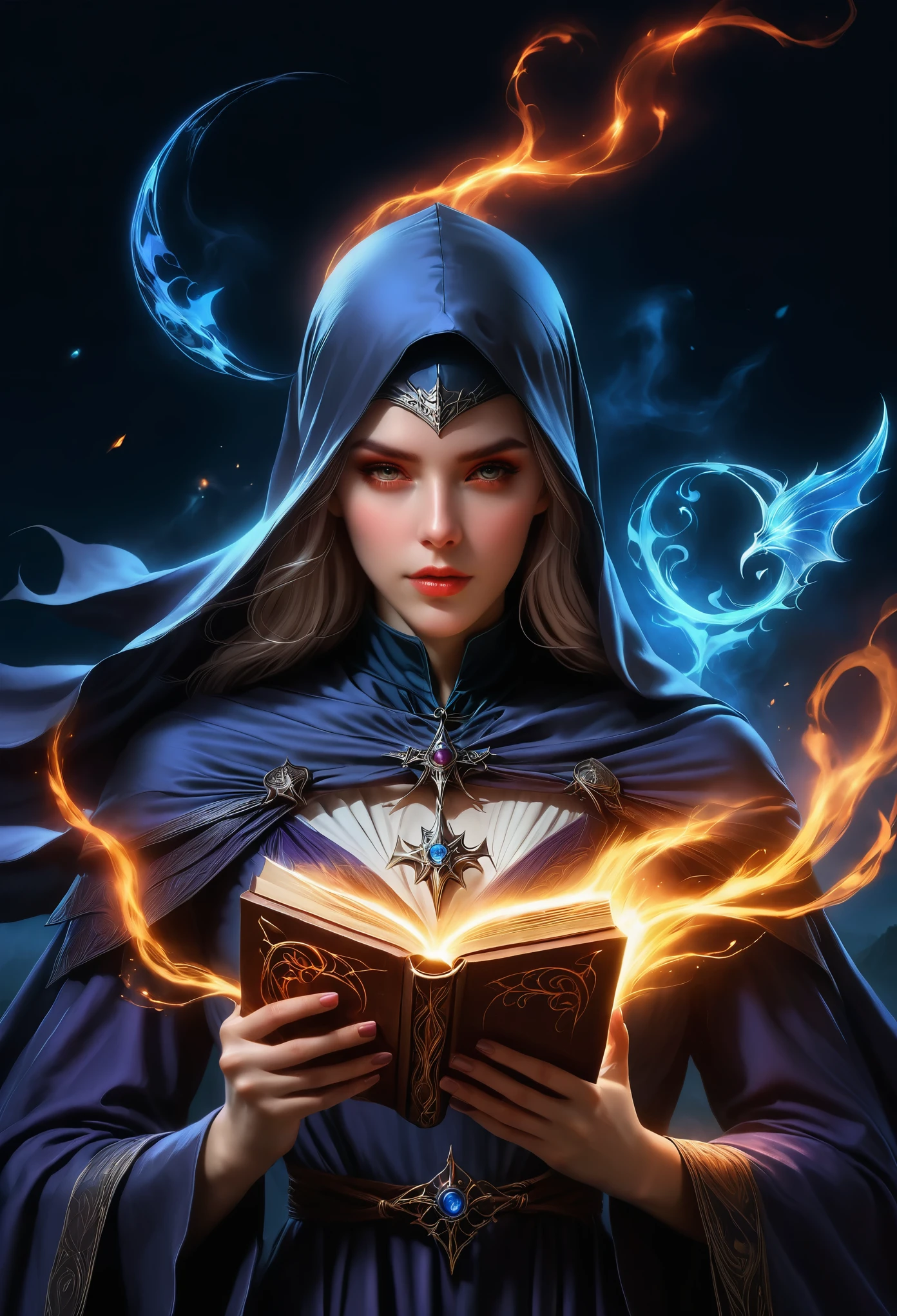 Drawing of a woman in The Witcher ((Holding a magical glowing book)), Holy Fire Spell Art, a young witch, Portrait of a young elven wizard, portrait of a mage, beautiful wizard, mage, fantasy mage, Arcane wizard casting spells, epic mage girl character, female mage conjuring a spell, Spellcaster, female mage, 魔mage 魔法 女巫
