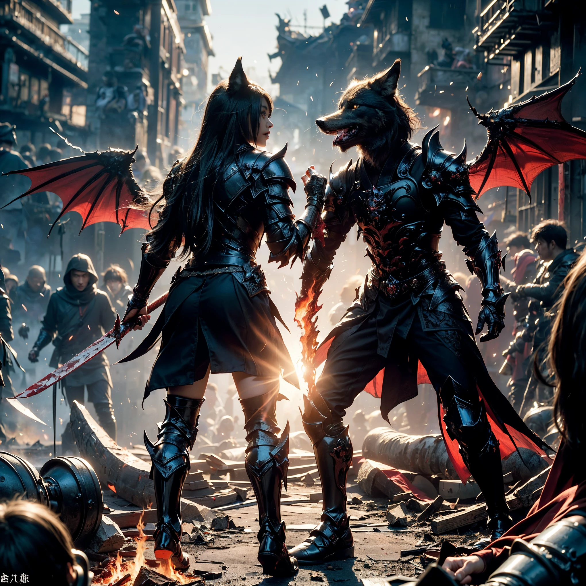 (((Realistic, masterpiece, best quality, crisp detail, high definition, high detail, very rich detail, sharp focus, sharp detail, colorful, rich color, perfect studio lightning))), ((20 years old, beautiful devil, kasumi arimura, evil gothic make up, flying, floating)),(((in the middle of war, epic war scene, attack stance))), wearing (((beautiful decorated black heavy armor, dark dragon armor, decorated full body armor, fully armored beautiful kimono, wide fire diabolos wings))), (flying, holding giant blade, blood scattered face, blood tears, blood bath, blood shed), (((fire everywhere, blood everywhere, death everywhere, japan bakumatsu period, dead bodies,carcass,burned japanese castle, cerberus, three headed wolves, were wolves, hellish,chaos, inferno)) traditional village background, dark atmosphere, bloody night)
