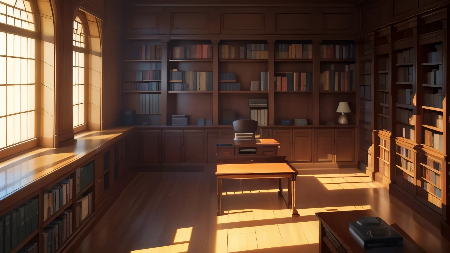 large library、lined with bookshelves、There is a desk in the center of the screen with a transistor radio and speaker on it.、masterpiece、16K、art、beautiful、cinematic lighting、wide angle