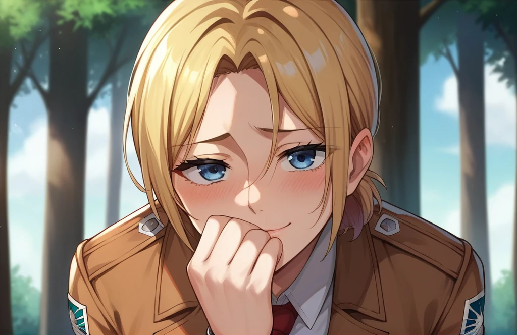 score_9, score_8_up, score_7_up, score_6_up, source_anime, BREAK,1girl, annie leonhart, attack on titan,  seras, outdoors, in Forest,  face focus, face closeup, face, face only, smug, shy, embarrassed, covering mouth, covering eyes