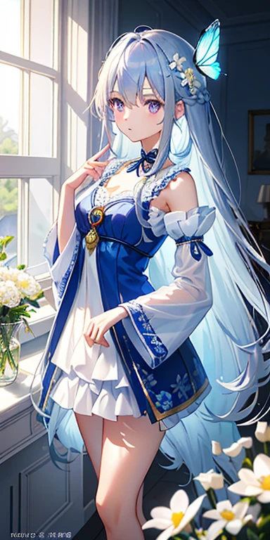 (見下ろしfigure),dynamic angle,Super detailed, figure, close, straight, 1 girl, (fantasy:1.4), ((purple eyes)),彼女の目はdream-like星のように輝いていた,(shining eyes:1.233),(beautiful and detailed eyes:1.1),(silver hair:1.14),(messy hair,very long hair,french braid,hair between eyes,side lock), (+(blue hair flower:1.14)),(chiffon dress,blue floral pattern on uniform)/=(uniform:1.24),(removed sleeve,wide sleeve),(fingerless gloves),choker necklace,(Priestess Niso),high heel boots,(No expression,closed mouth),(Are standing), (Classic princess boudoir with white ancient palace dressing table and french windows),(White flower,full bloom),(profound),(water flowing),(dull blue world tree:1.14),(Remains),(night:1.2),dream-like,soul,(fluorescence),(A translucent blue butterfly is flying。:1.15), [[delicate fingers and hands:0.55]::0.85],(finger details),(Soup packets:0.5),
