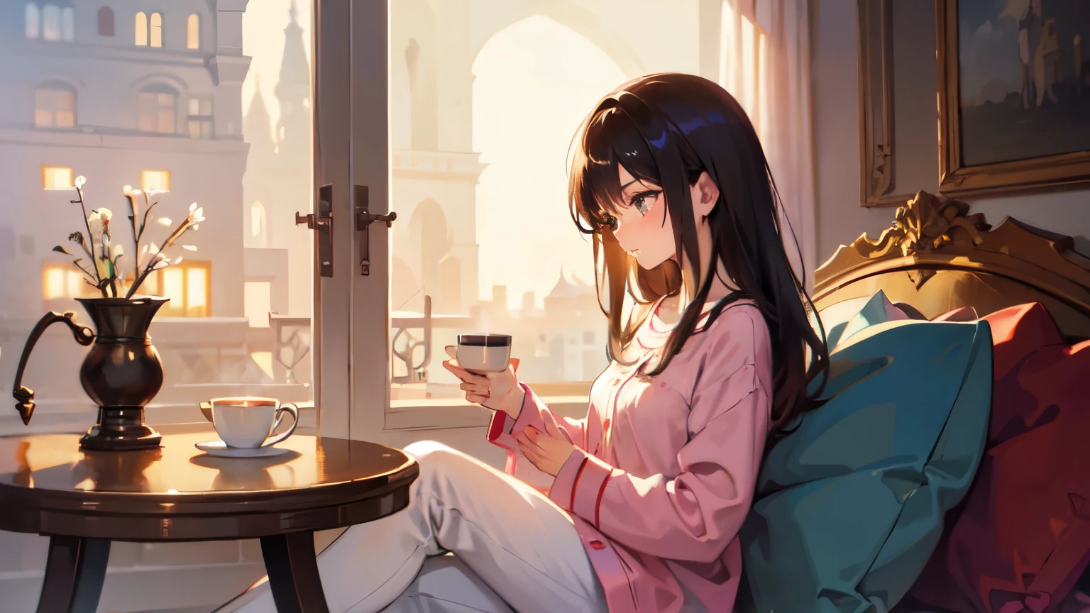 Artistic representation of a girl in pajamas, Enjoy coffee elegantly, Surrounded by an enchanting atmosphere, Beautifully expressed through illustrations.  