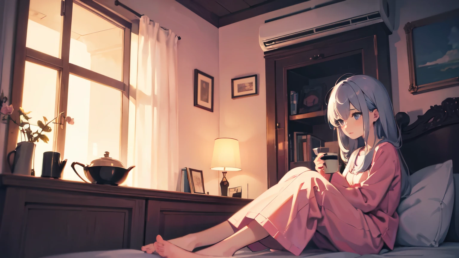 Artistic representation of a girl in pajamas, Enjoy your coffee in bed, Surrounded by an enchanting atmosphere, Beautifully expressed through illustrations.  