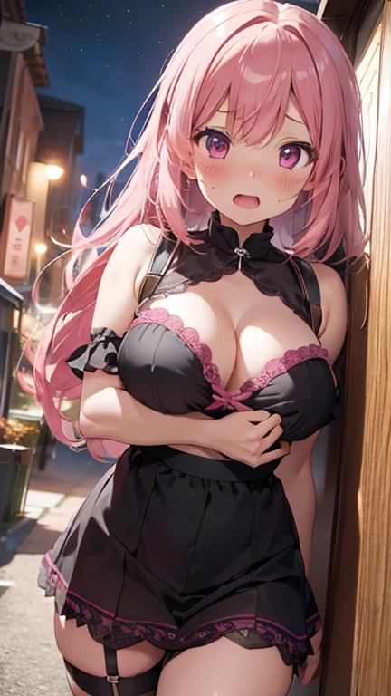 mastute piece,Best Quality,insanely detailed,8k cg,nsfw,
shoot upper body,(body in front:1.1),1girl,standing,looking at viewer,(pink bustier),BREAK,blush,shy,ecstasy face,gasping,(trembling:1.2),pink hair,break,open mouth,large breast,bedroom,night,