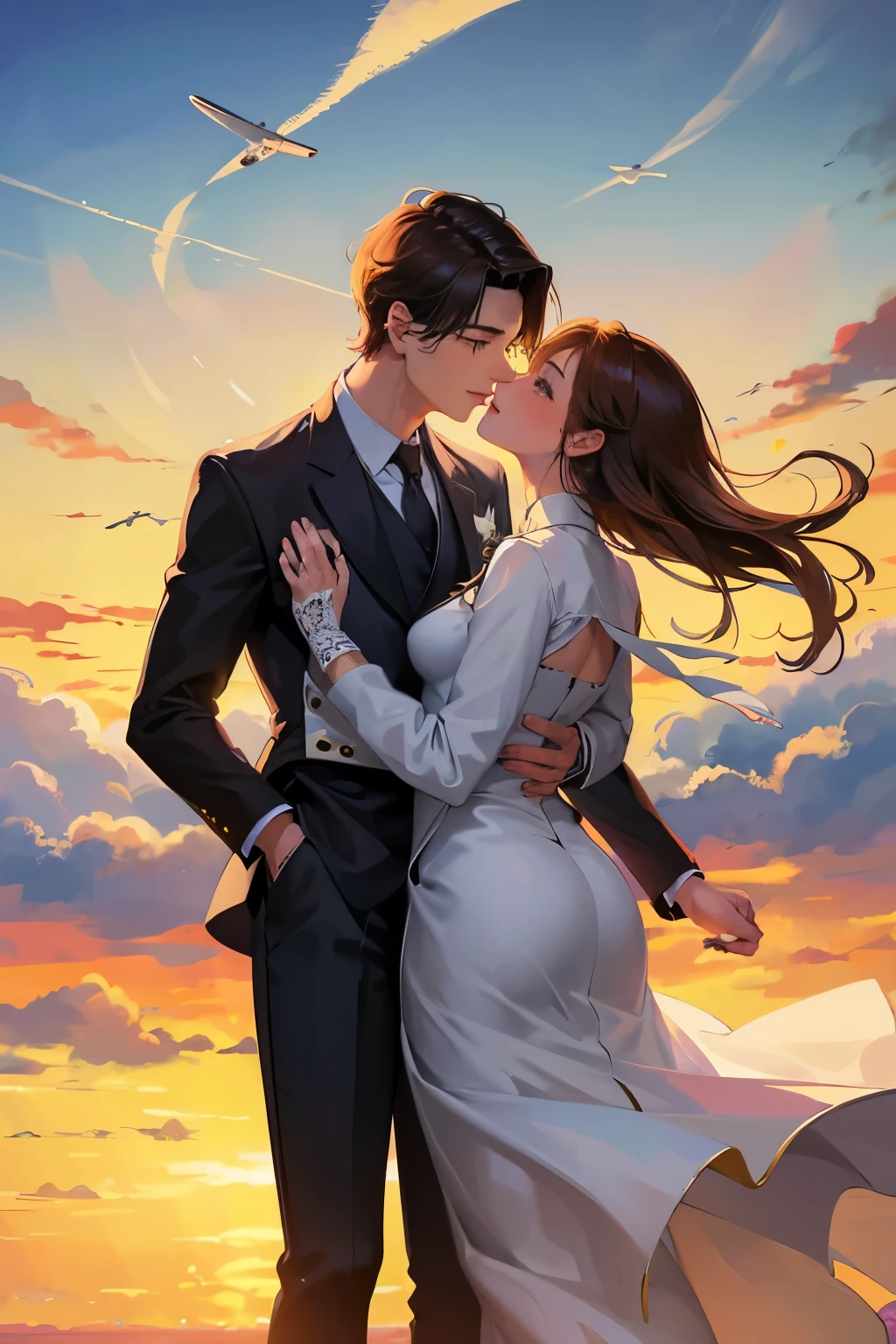 A pair of handsome men and beautiful women kiss sweetly in an aircraft,Behind him is the sky castle exposed in the clouds