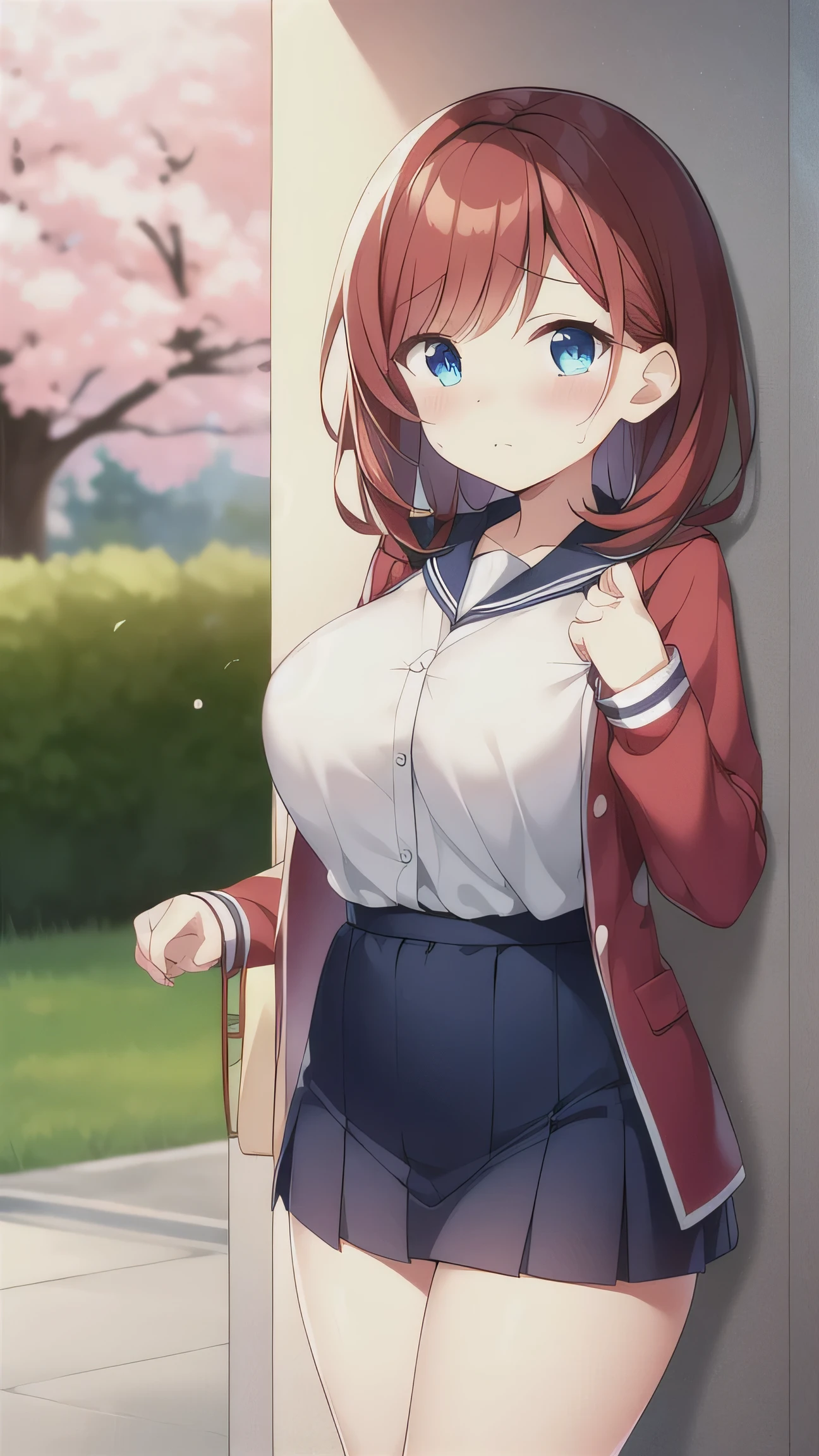 Big breasts, red hair, blue eyes, droopy eyes, red jacket, long sleeves, navy skirt, elementary school student, super big breasts, (medium hair: 1.2), baggy clothes, elementary school student, young face, short height, 10 years old, shy, shy, park, trying to unbutton his shirt, white shirt, soft hair, cherry blossoms, tears, diploma, wiping tears,
