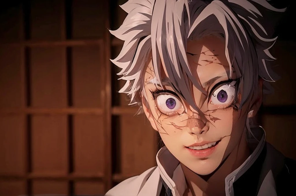 Realistic proportions, hyper realistic face, 8k resolution, high quality photography, awesome details, pale skin ultra detailed, scars of the face ultra detailed, big wide open eyes, venous eyes, maniac expression, violet iris of the eyes, detailed beautiful white silver hair