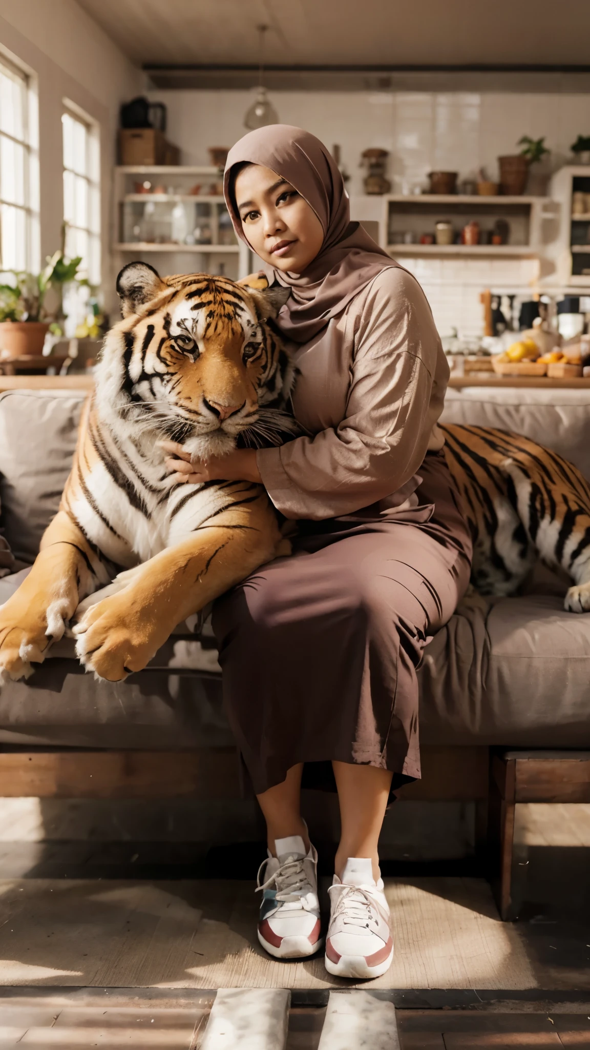 Indonesia plump woman, and tiger