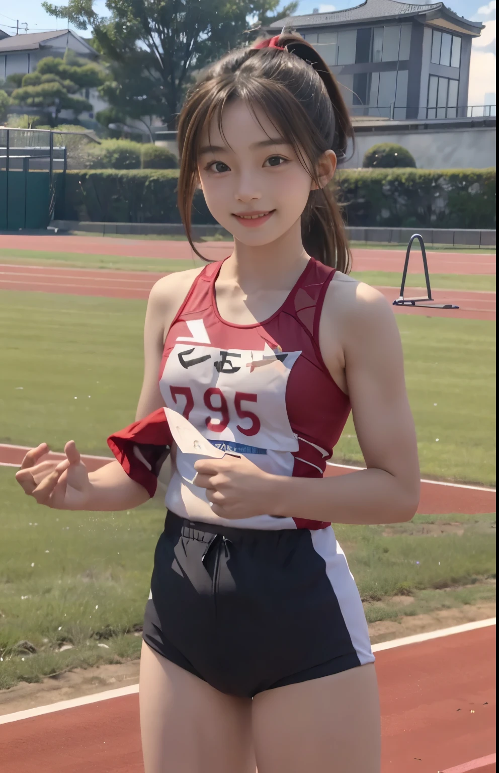 (highest quality, masterpiece), (Beautiful 11 year old Japanese girl), (freckles:0.6), ponytail, smile, garden, track and field athlete