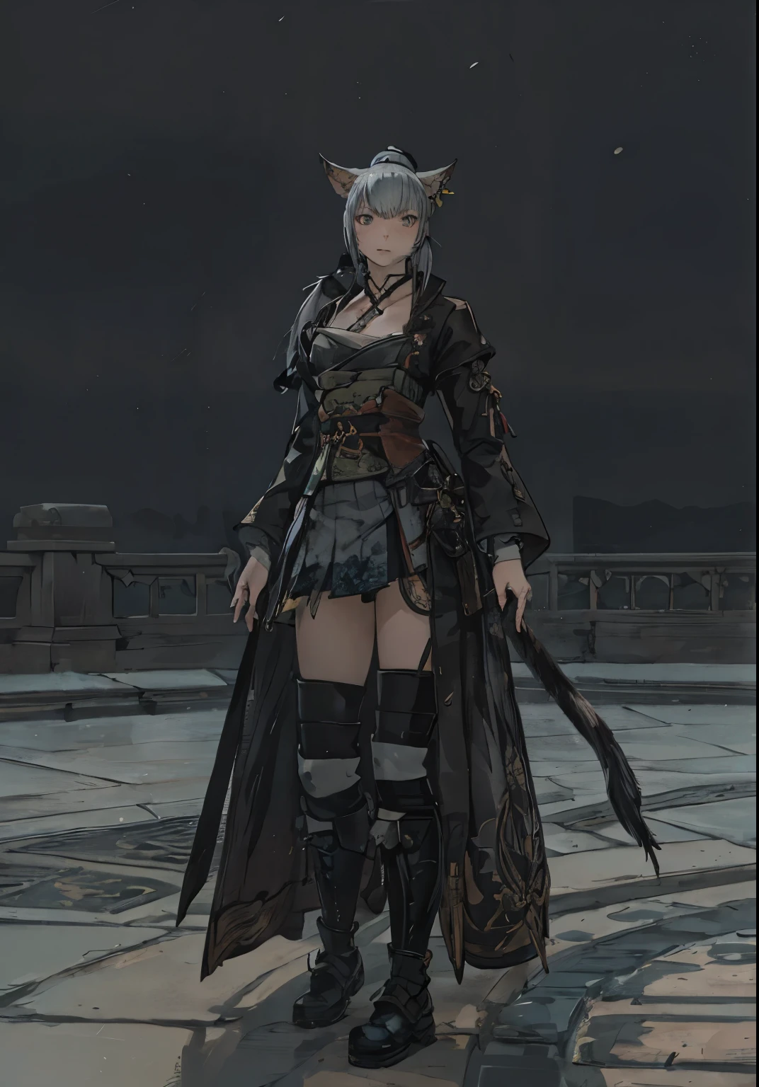 miqo'te, ffxiv, catgirl, samurai, silver hair, blue-green eyes, tail, bangs, ponytail, small , skirt,
