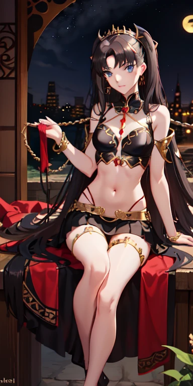 long hair, black hair, Medium chest, slim legs, Happy, brown gown, cleavage, arabian belly dancer , skirt, rin tohsaka, twin tails, belly button, garden, night, blue eyes, tiara, sitting, thigh high socks