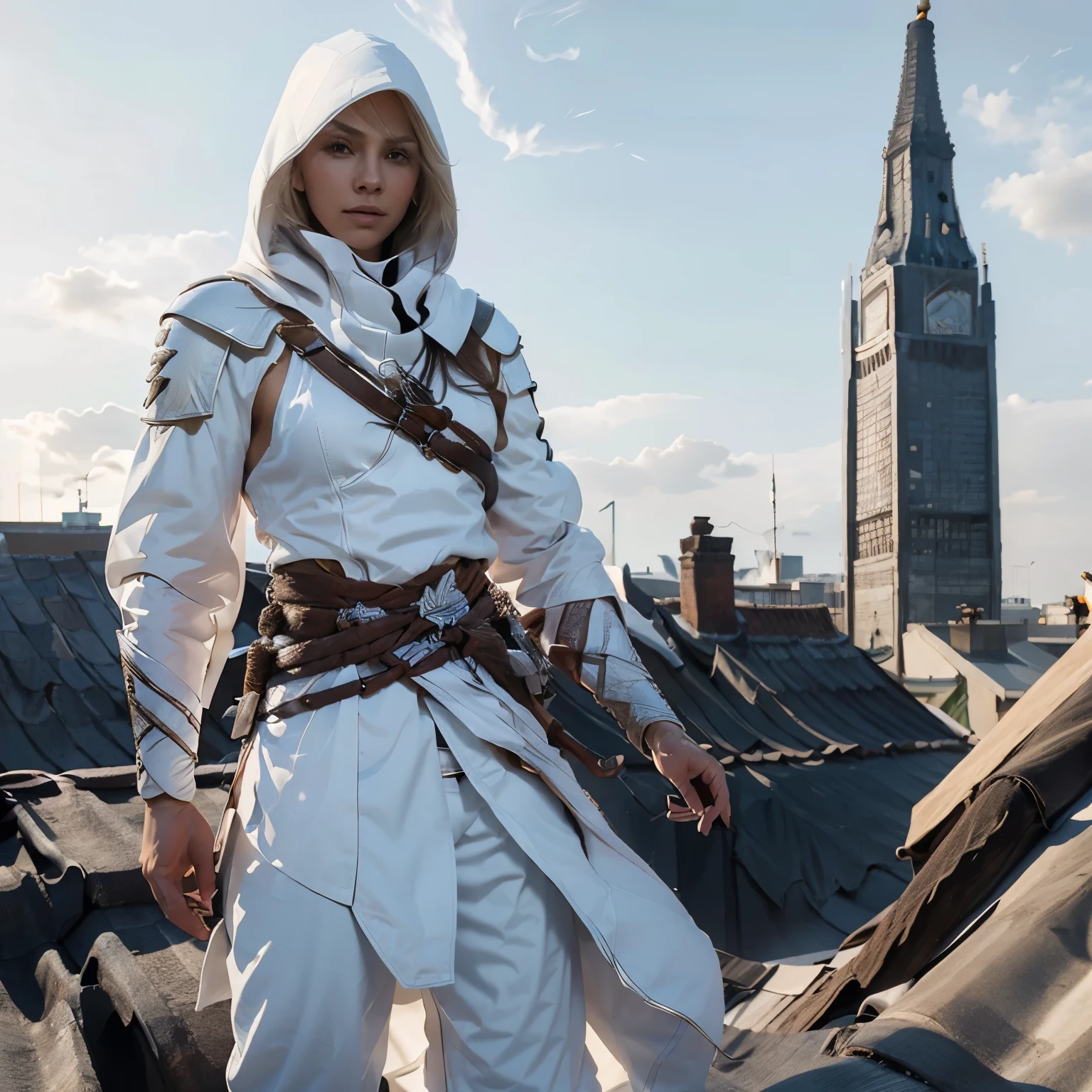 Blonde girl, white assassins creed cloak, white pants, standing on corner of roof top, over looking a city 