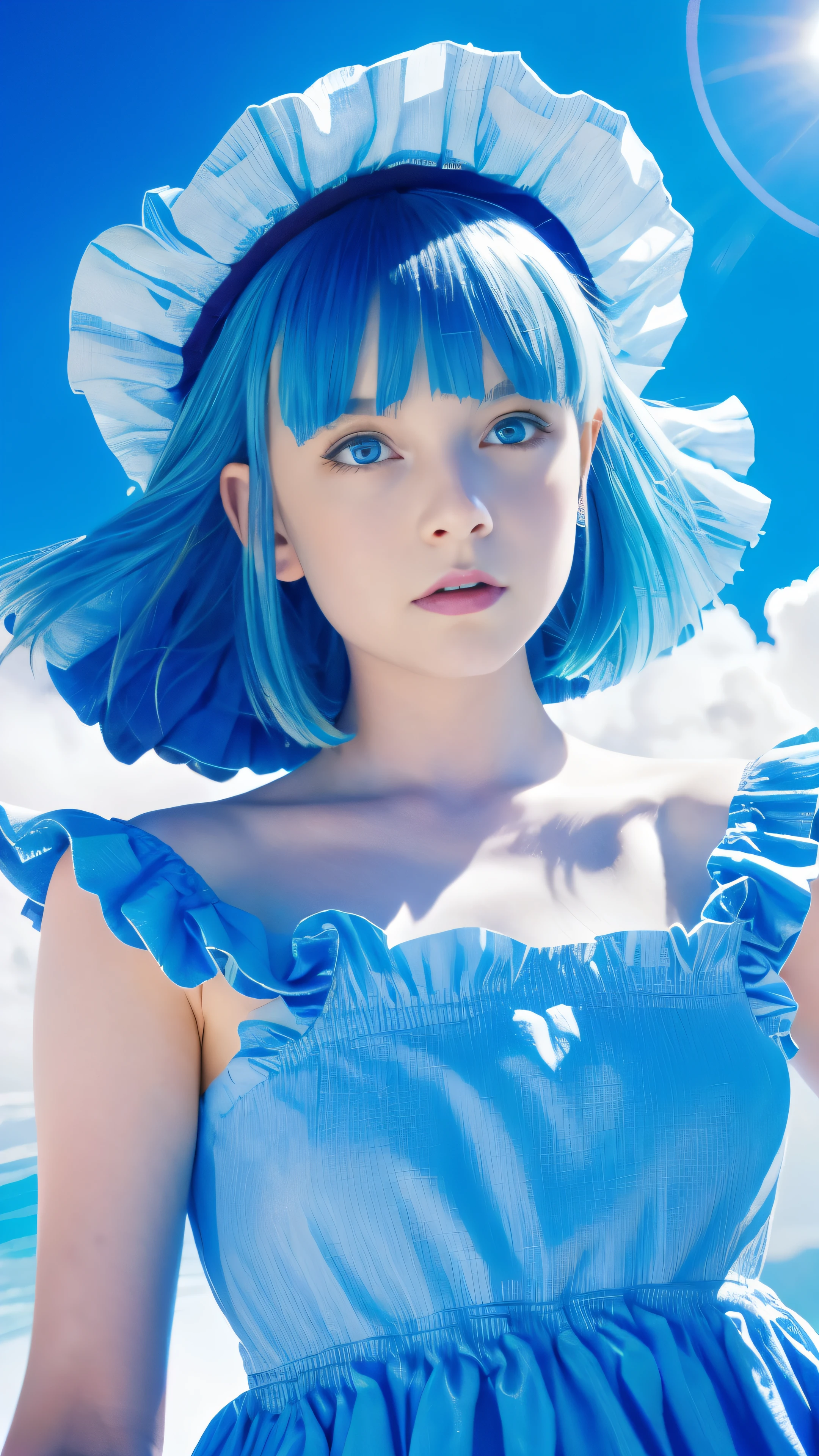 absurdres, highres, (official art, beautiful and aesthetic:1.2), (near vision:1.15), (1girl, blue hair, medium hair, blue eyes, bright eyes, long white dress, blue ruffle,:1.2) blue sky, Shimmering Galaxy, (Salar de Uyuni:1.2), (fractal art:0.8), water effects, ripple effects, (flower effects: 0.65), light effects,