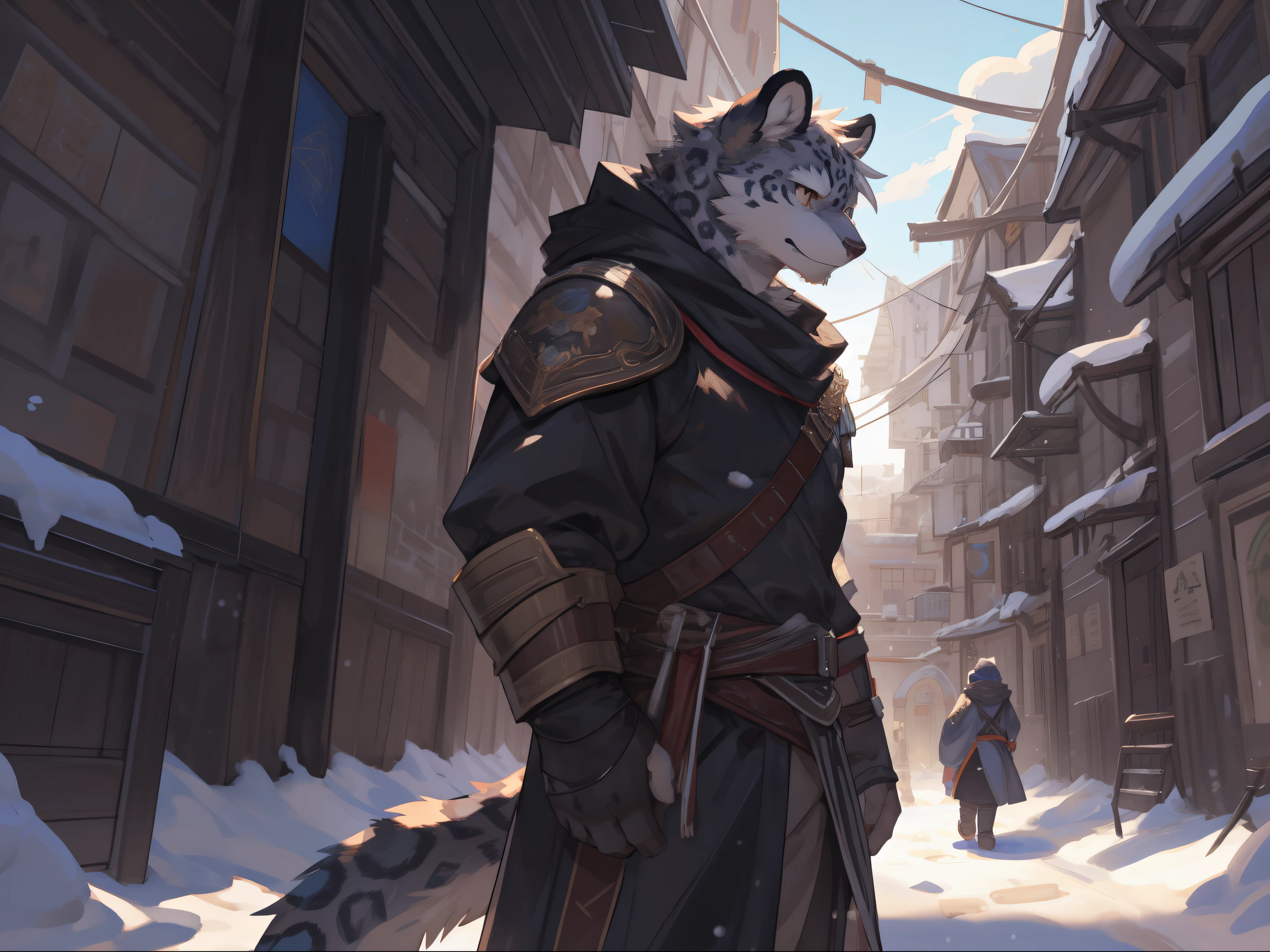 deobaed anatomy, Humanity,A scene from a movie,On the streets of a medieval town, ((Snow white leopard| Snow white | brown eyes)), male, alone, Kanno, Muscular plump,tall, tailed eyes, cozy,((No ornaments,Wearing shoulder straps and shoulder guards on the upper body,Lower body belt assassin pants), assassin,Exposes upper body skin,There are a few scars on the upper body, Gun in hand,On the war zone, smirk,Snow leopard tail ,external,by bebebebebe, by zackary911