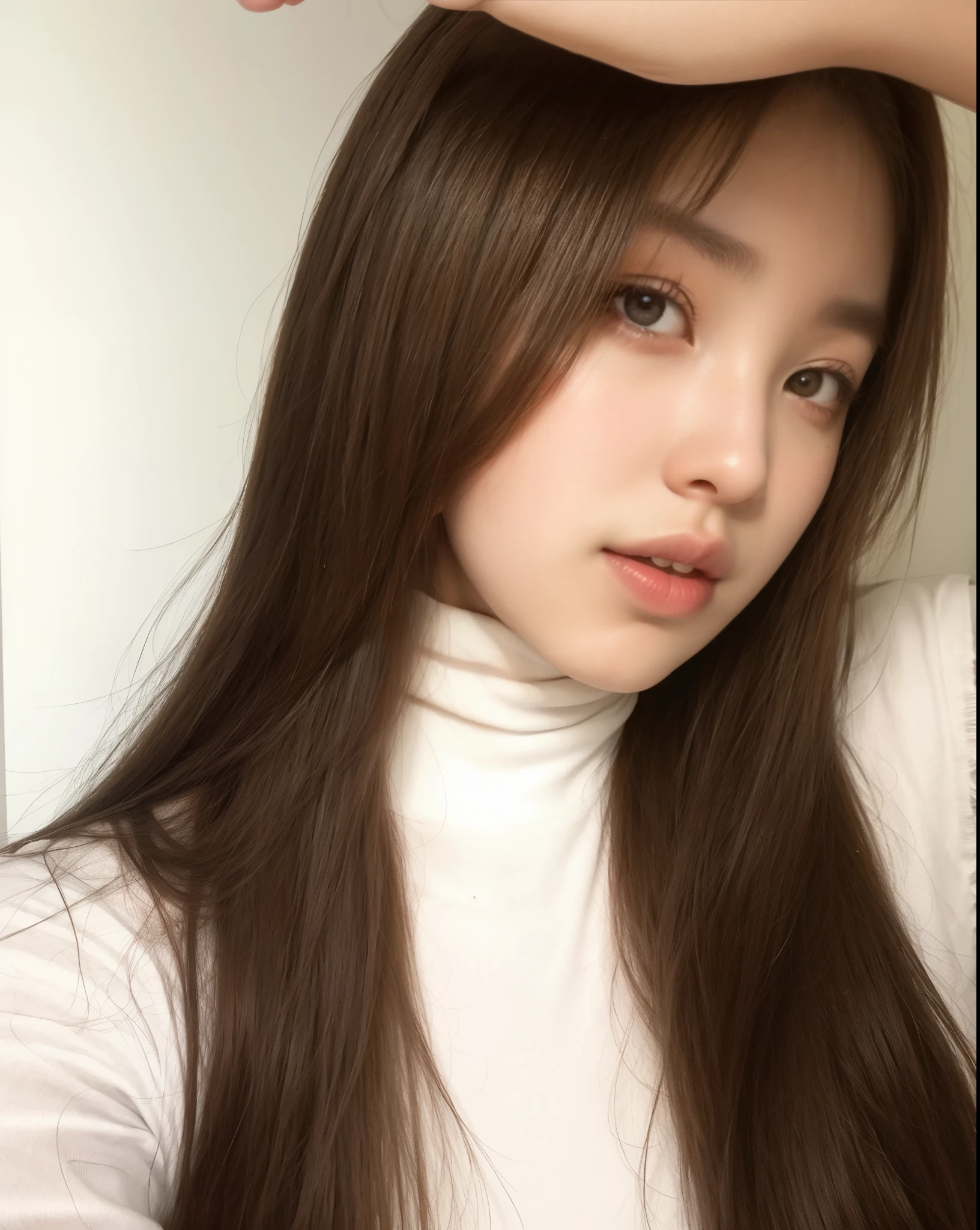 mulher arrasada com longos cabelos castanhos e uma camisa branca com gola alta, jennie blackpink, lalisa manobal, coreana, Ulzzang, linda mulher sul-coreana, Com franja, Heonhwa Choe, franja repartida ao centro, brown long hair Com franja, estacionar a partir de-min, franja marrom, young lovely korean face, brown hair Com franja