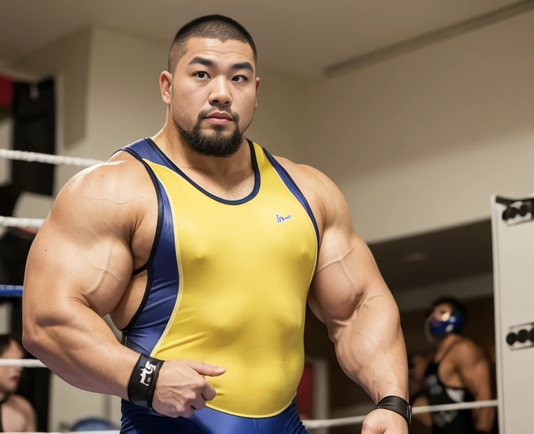 (wearing wrestling singlet:1.4), (inside club locker room:1.2), Japanese man, Chinese man, Korean man, Taiwanese man, manly face, (round face:1.4), (monolid eyes:1.2), (buzz cut:1.4), very large and strong body, bulging muscles, very large pectoral muscles, muscular arms, muscular abs, muscular legs, muscular back, brightens oily skin, master piece, realistic, panorama, distant view