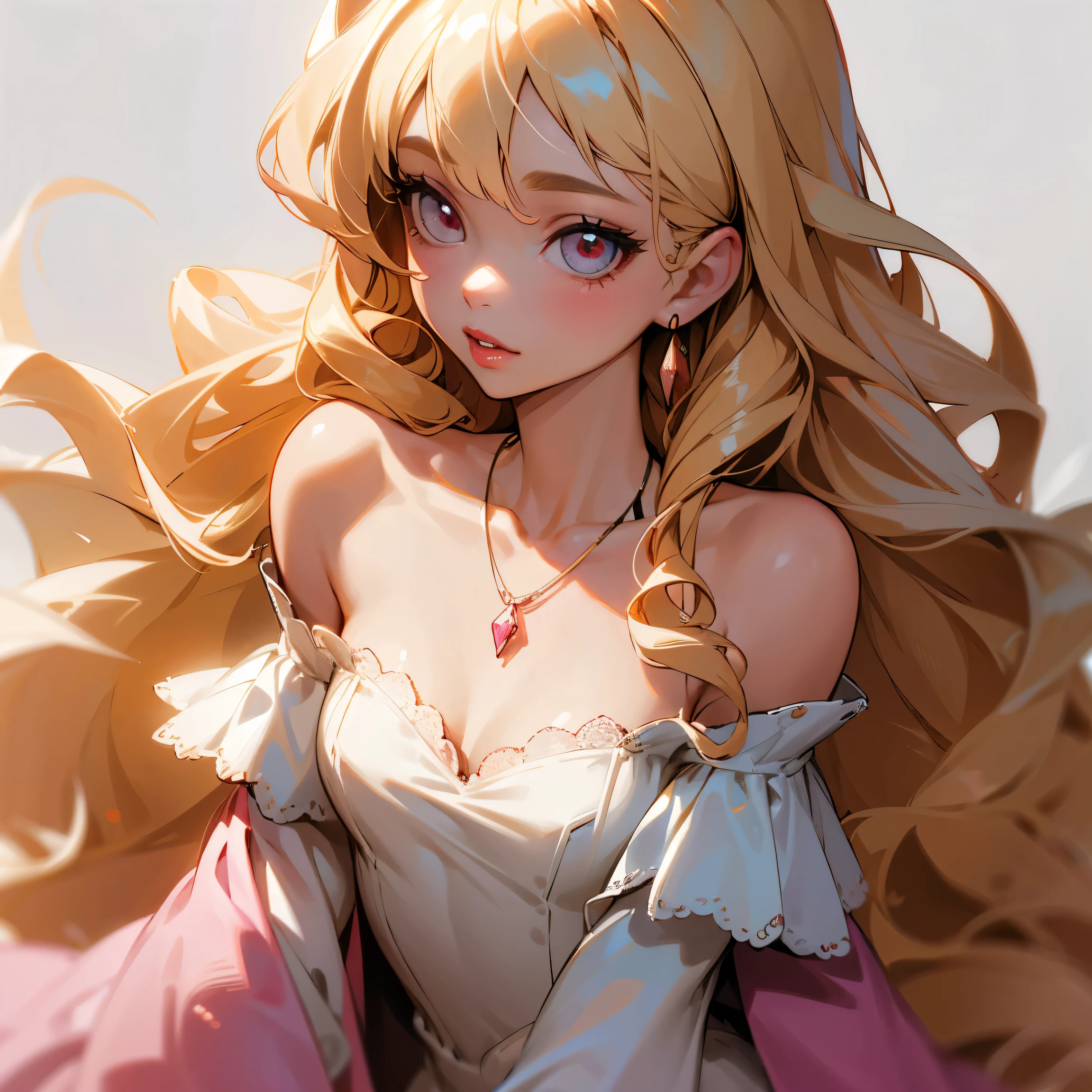 Young woman with long curly blonde hair with bright honey eyes with light pink lips light skin wearing a little bloodstained off-the-shoulder dress with a small necklace