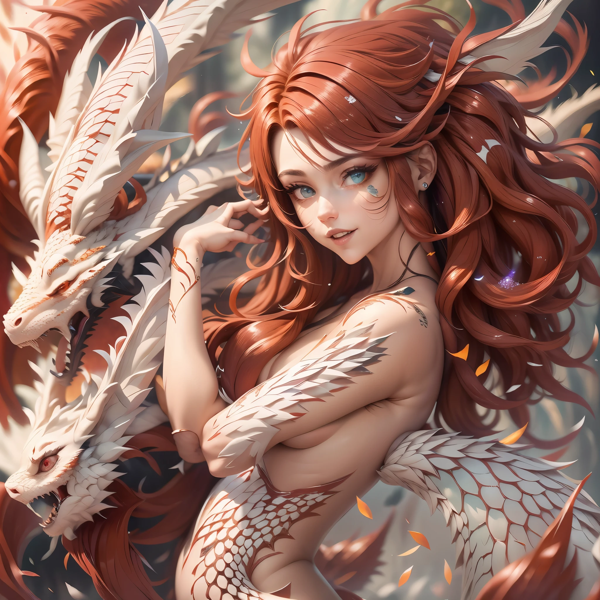 (best quality,4k,8k,highres,masterpiece:1.2, portrait), ultra-detailed, realistic, naked sexy dragon woman with red and white glittering scales, long fiery red hair with white highlights, very playful but mischievous smile, huge tits, gigantic breasts, naked, nude, detailed crotch, detailed vulva, sexy pose, spread legs, playful, bi-coloured eyes, heterochromia, lustful