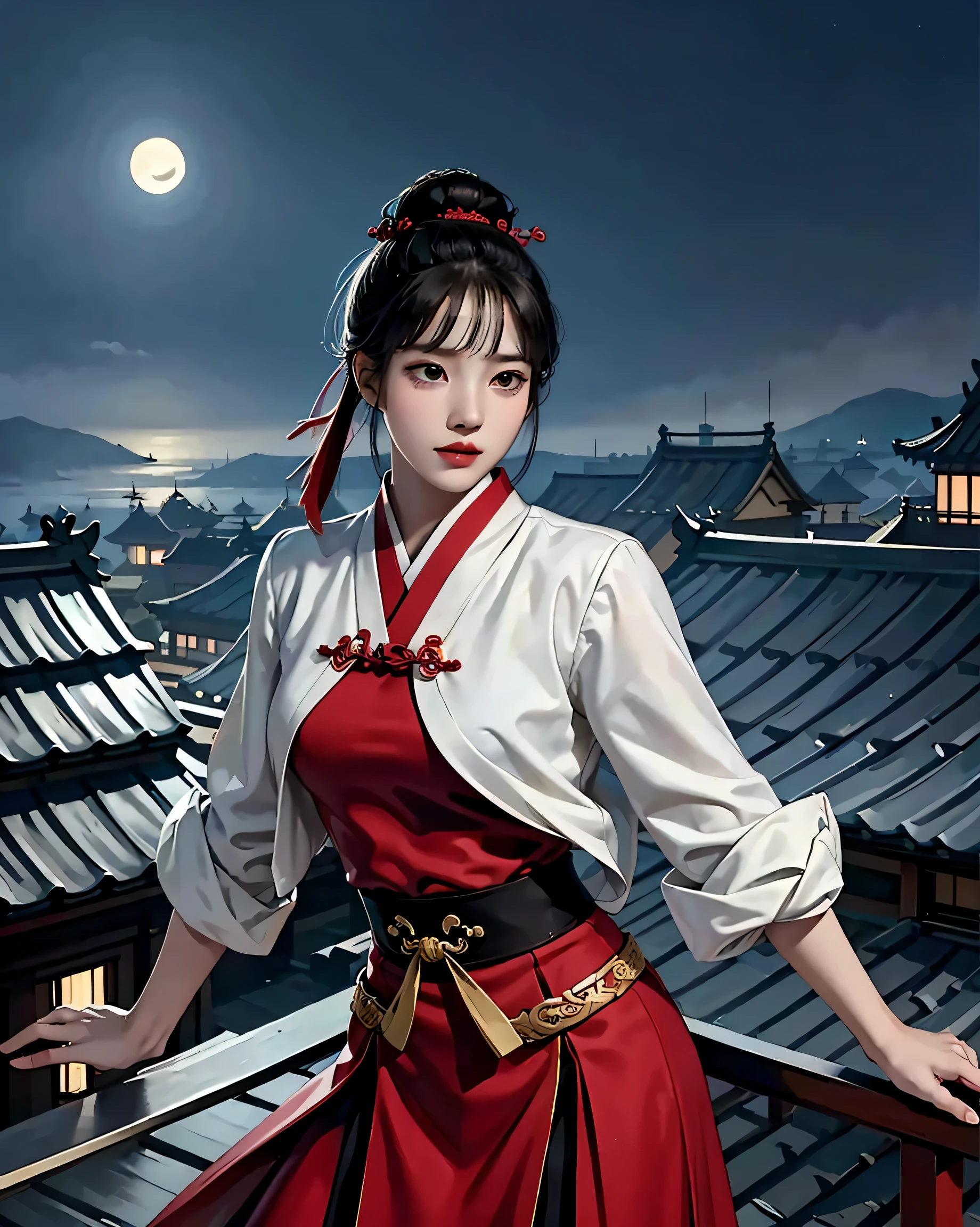 (((highest quality))),(((super detailed))),(((masterpiece))),figure,1 man,1 female,swordsman,Woman warrior,traditional chinese costume,Are standing,ink style,martial arts,Pause,rooftop,moonlight,night,background,ancient chinese architecture,Foggy Mountain々,silhouette,Silence--ar 16:9