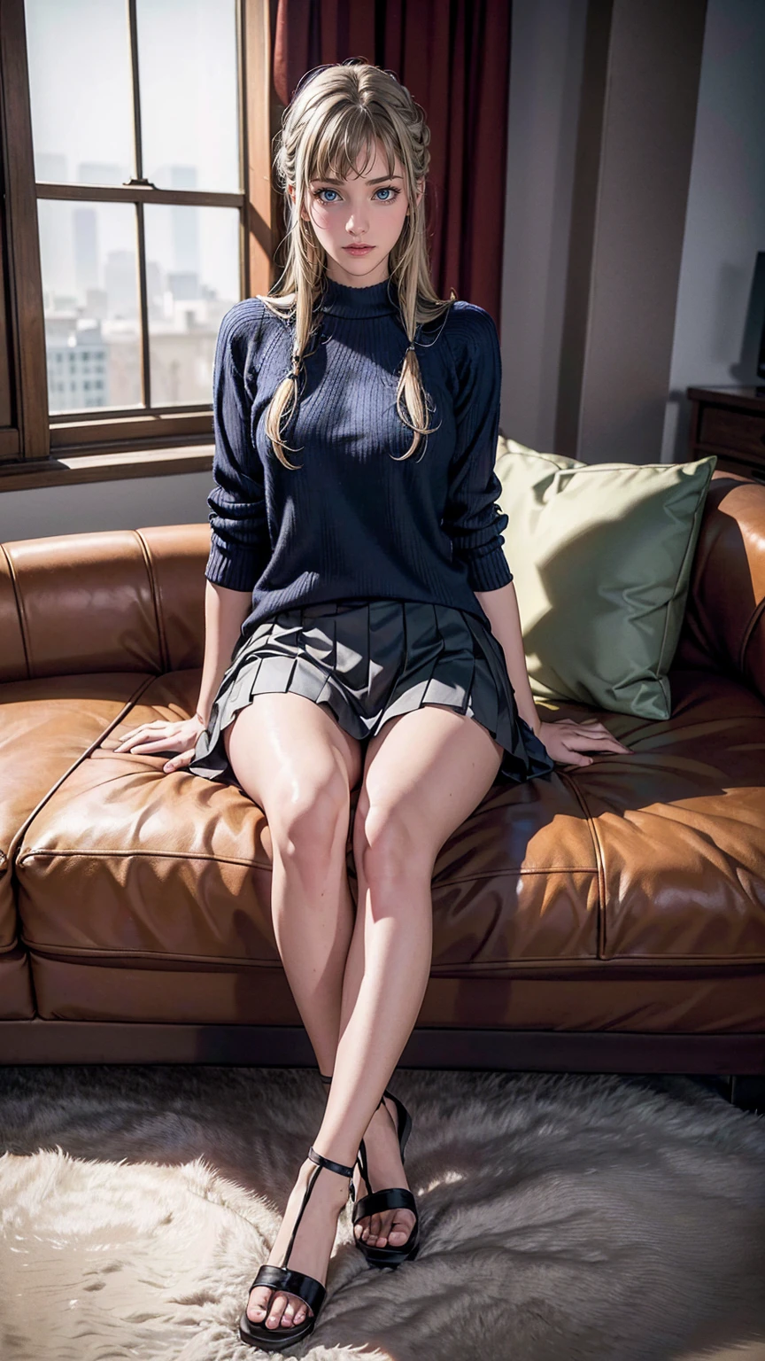 ((最high quality, 8K, masterpiece: 1.3, Ultra HD, high quality, 最high quality, High resolution, realism)) 、(high color saturation:1.0), (highly detailed skin), (最high quality:1.0), (超High resolution:1.0) ,(realistic:1.0), (Super detailed:1.0), (8K, Raw photo:1.1), slender、Slender, muscular body that's toned like an athlete's、23 year old white female、Hair color is brunette、Eye color is indigo、loosely braided、jumper skirt((jumper skirt))wear、wear sandals、In a stylish living room、drink tea on the sofa