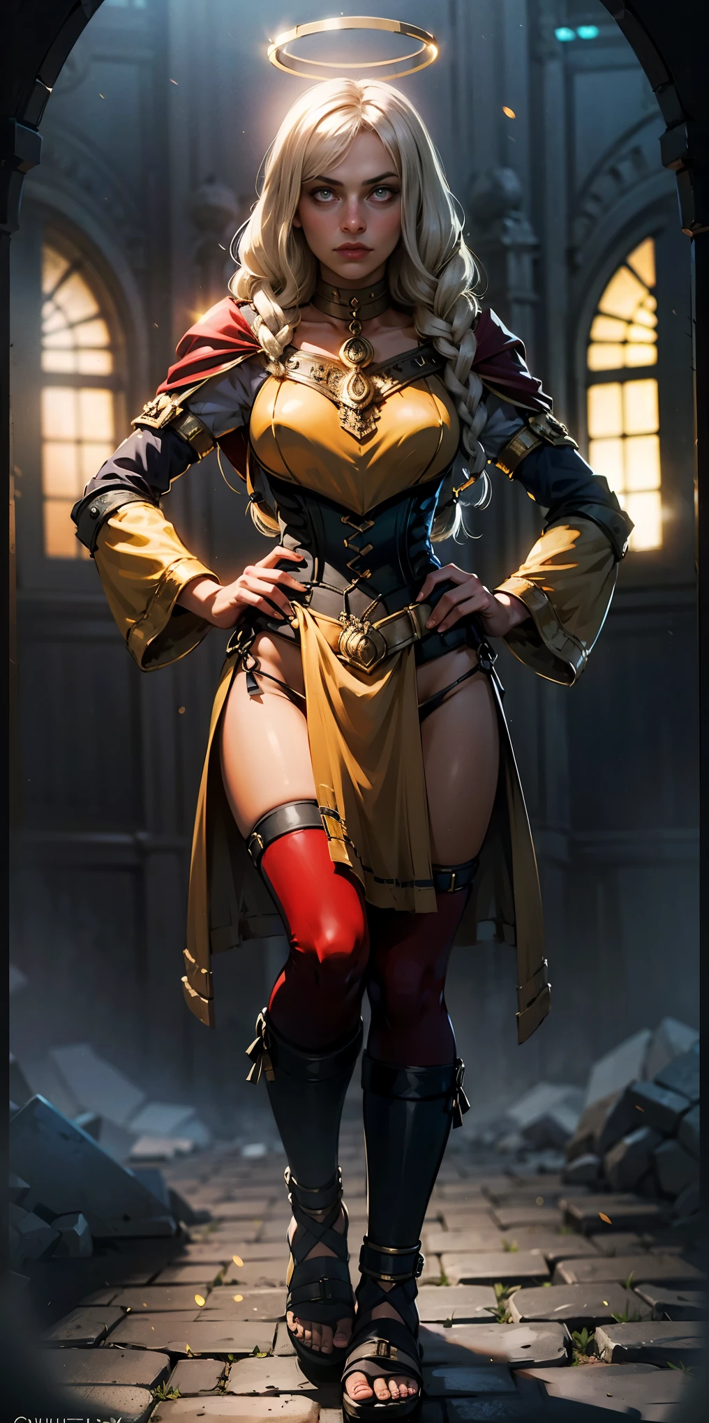 paladin lady in ornate golden armor, black collar, pauldrons, breastplate, corset, glowing halo, single braid, blonde, yellow glowing eyes, bright pupils, eye focus, red cape, temple indoors, stained glass windows, night, moonlight, particles, light beam, chromatic aberration, (full body, whole body. 1solo (girl). slave fighter, loincloth standing, hands on hips full body, whole body. 1solo (girl). slave fighter, loincloth standing, hands on hips, metal sandals, backpack, choker, big belt, view from below, feet together, bracers, tiara)