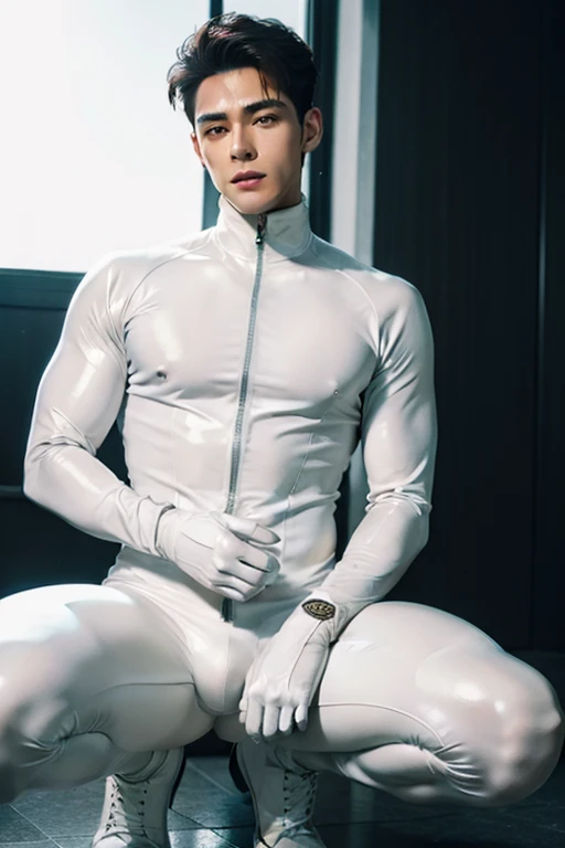 Futuristic rubber all white body suit, skin tight, hair visible, hands visible, gloves, boots, toned male, young man, shiny suit, hands covered, futuristic mouth mask