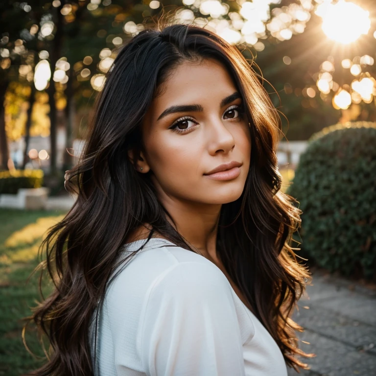 A photorealistic portrait of a 21-year-old colombian girl with long, flowing dark hair and striking dark eyes. She should have a natural, approachable expression and be illuminated by soft, golden-hour sunlight. The background should be a scenic outdoor setting, perhaps a sunlit park or beach. Capture this image with a high-resolution photograph using an 85mm lens for a flattering perspective.