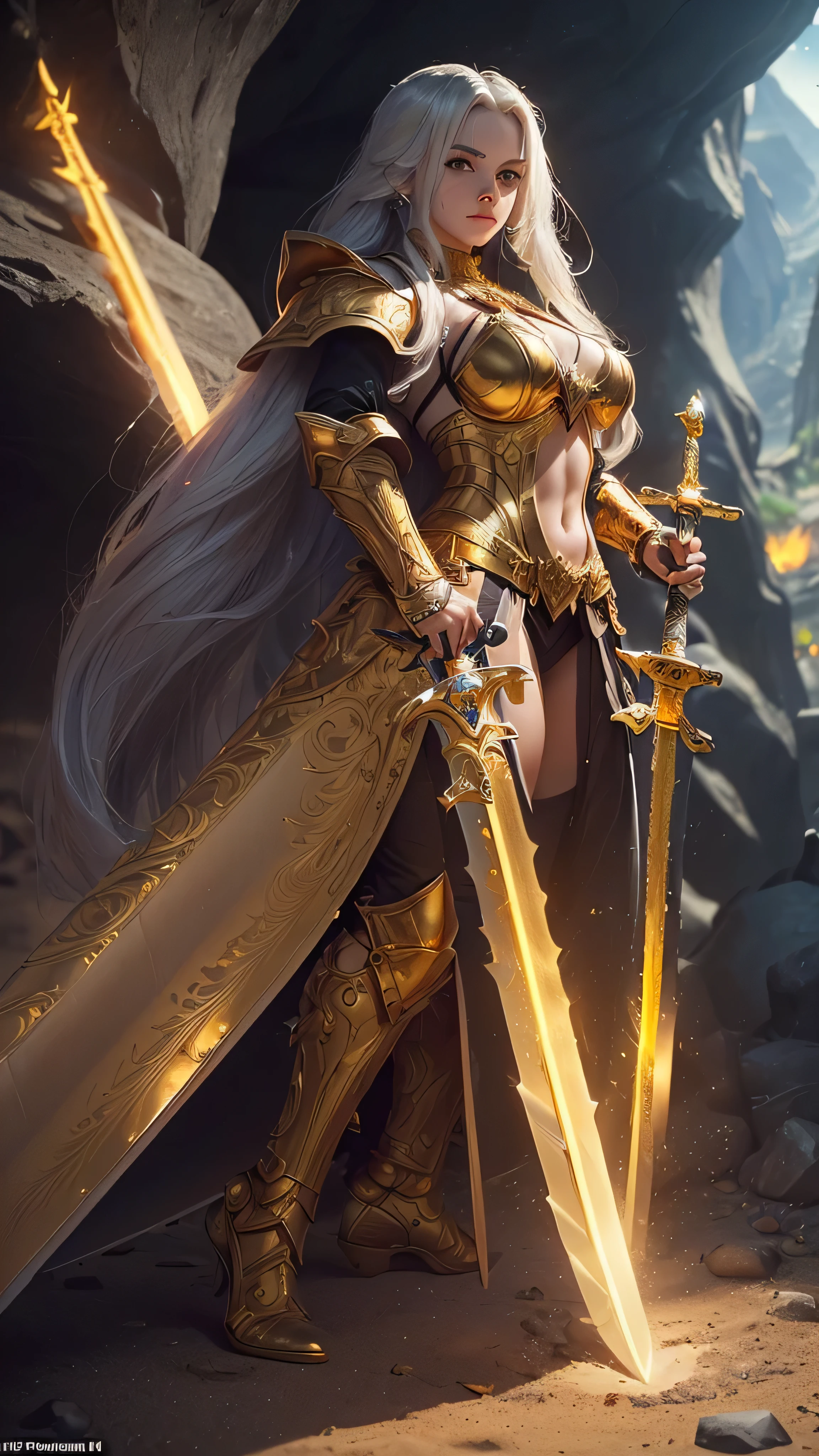 (masterpiece:0.8, best quality:1.5), intricate:1.8, (((((ONE gigantic wide golden sword, glowing runes, etching, ancient power))))), kneeling paladin woman medieval armor black chrome