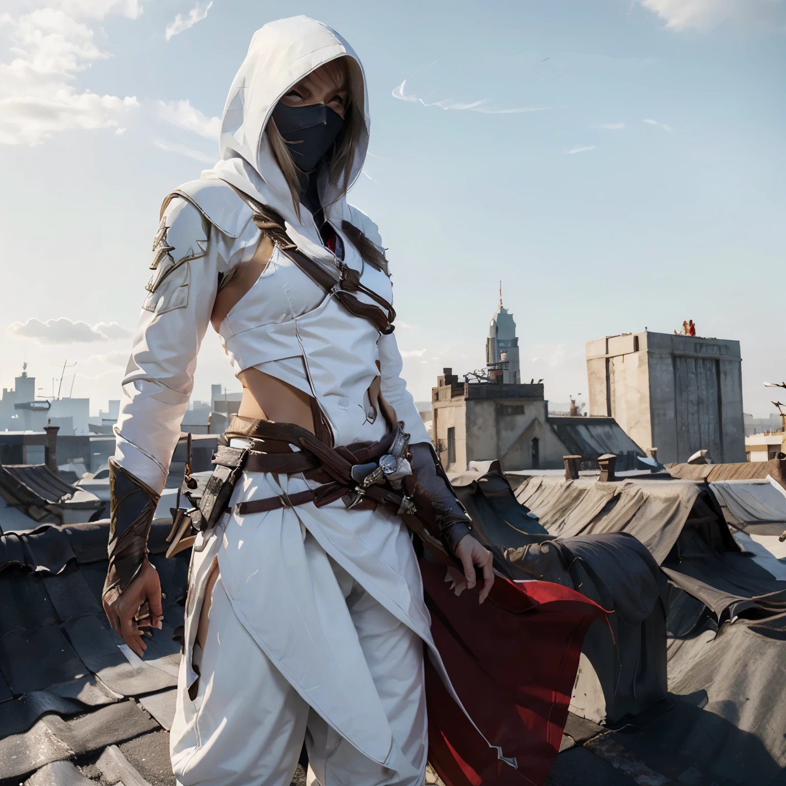 Blonde girl, white assassins creed cloak with red trim, white pants, standing on corner of roof top, over looking a city 