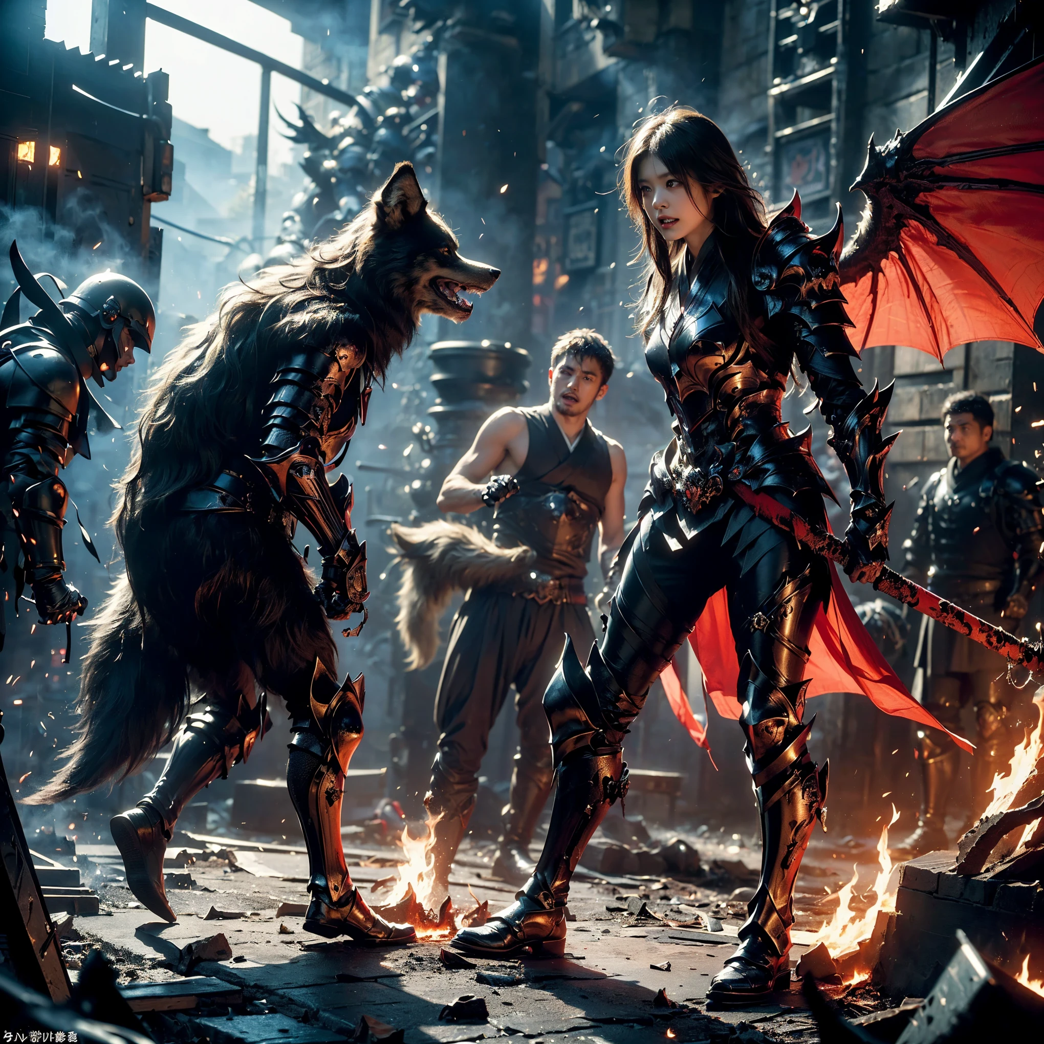 (((Realistic, masterpiece, best quality, crisp detail, high definition, high detail, very rich detail, sharp focus, sharp detail, colorful, rich color, perfect studio lightning))), ((20 years old, beautiful devil, kasumi arimura, evil gothic make up, flying, floating)),(((in the middle of war, epic war scene, attack stance))), wearing (((beautiful decorated black heavy armor, dark dragon armor, decorated full body armor, fully armored beautiful kimono, wide fire diabolos wings))), (flying, holding giant blade, blood scattered face, blood tears, blood bath, blood shed), (((fire everywhere, blood everywhere, death everywhere, japan bakumatsu period, dead bodies,carcass,burned japanese castle, cerberus, three headed wolves, were wolves, hellish,chaos, inferno)) traditional village background, dark atmosphere, bloody night)