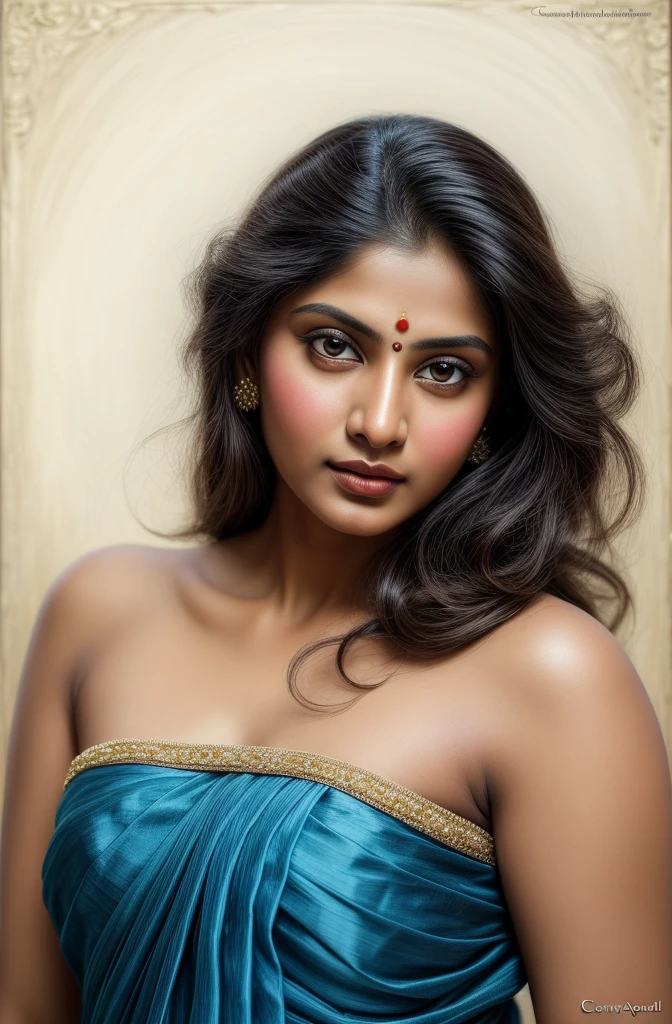 Beautiful Indian Woman, wearing saree, sari Beauty, gorgeous, Apsara, Maharani, royal queen woman, nymph from Hindu Mythology, Urvashi, matchless beauty, Highly detailed, Oil Painting by Peter Paul Rubens inspired by Raja Ravi Varma, Matchless beauty, captivating, gorgeous, heavenly beauty, celestial beauty, by Peter Paul Rubens, 1893, realistic, hyper realistic, micro details, incredible artwork, insane details, ultra High resolution, 8k, 32k, acrylic on canvas, intricate, flawless, detailed, detailed face, detailed eyes, masterpiece, by Peter Paul Rubens, by Caravaggio, by William Adolphe bouguereau, perfect face, perfect body, beautiful art, realism, baroque, renaissance Art, highly textured, beautiful and detailed eyes, uhd, best quality,