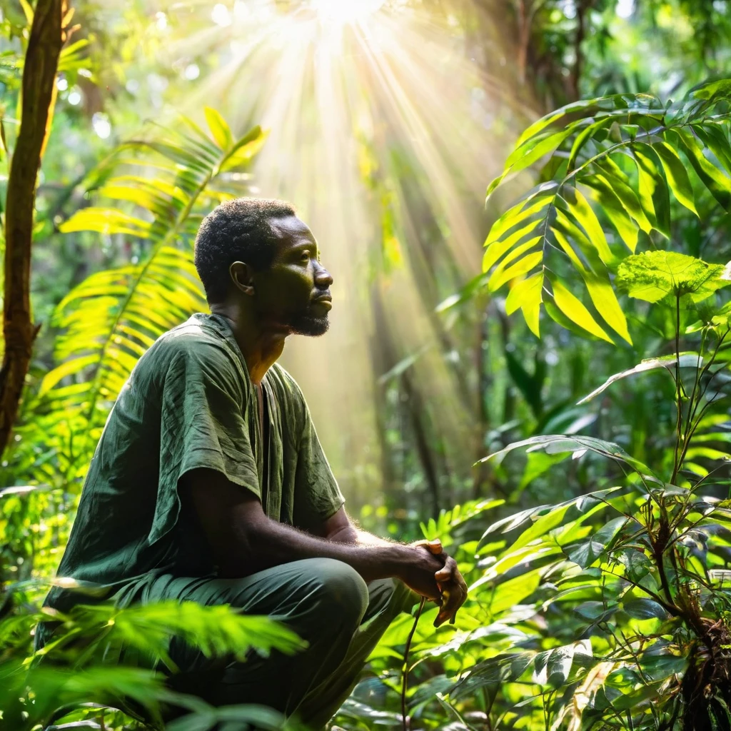 Mitologias Africana. Homem negro bonito, sentado olhando a natureza, contemplando. Roupa africana verde (textura). Brightly lit forest scenery with sunbeams, plantas, trees