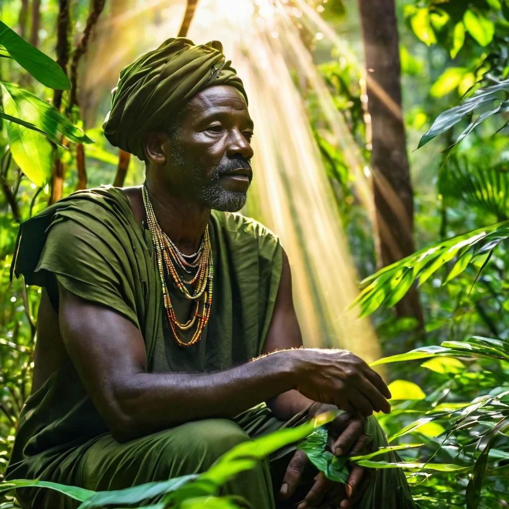 Mitologias Africana. Homem negro bonito, sentado olhando a natureza, contemplando. Roupa africana verde (textura). Brightly lit forest scenery with sunbeams, plantas, trees