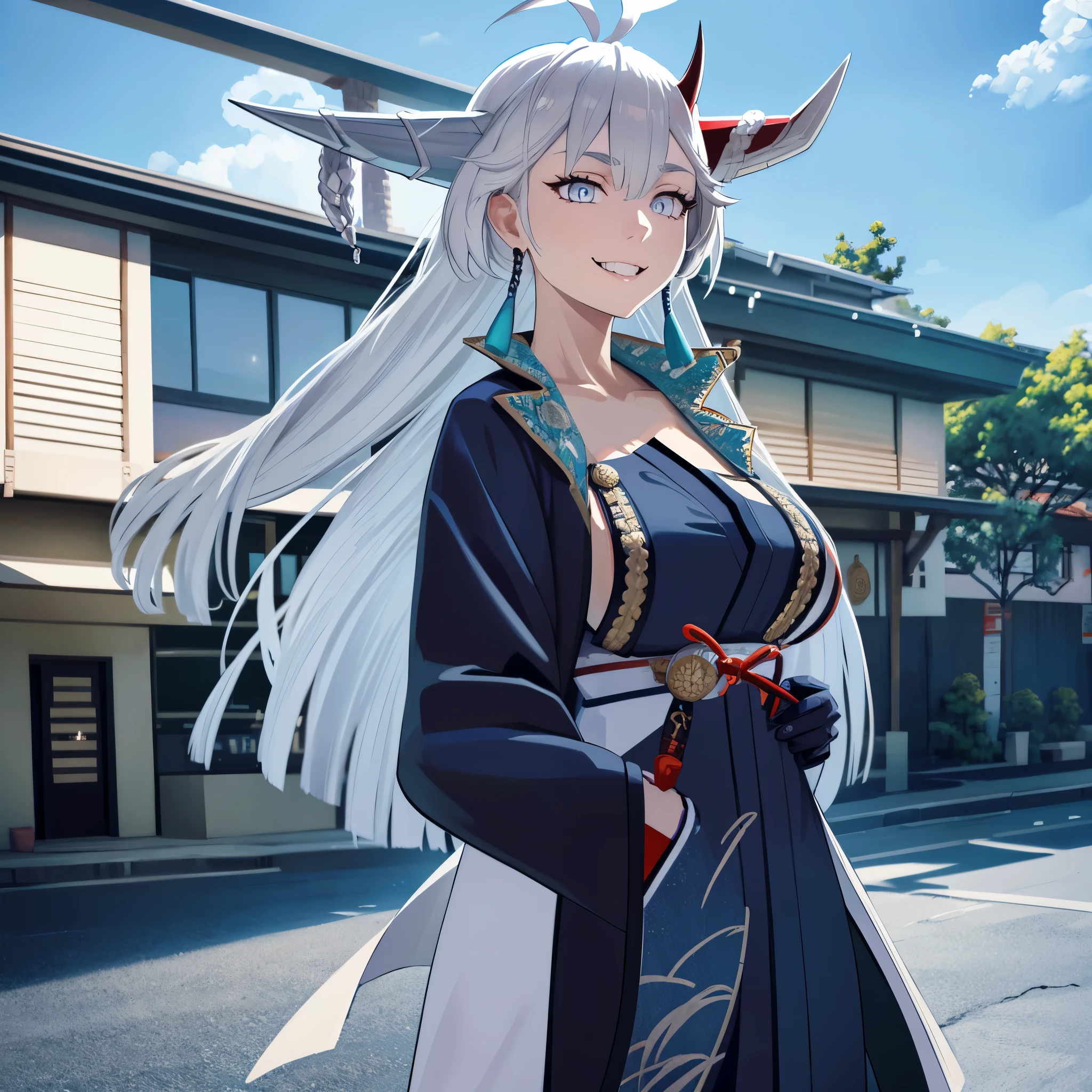 A woman wearing a white samurai kimono with blue details, long silver hair, silver eyes, horns, smiling, in Ninenzaka streets,HDR, very detailed, ultra resolution, masterpiece. 8k hd
