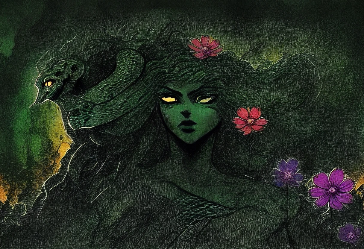 Medusa, splash page decompressed comic cover art, ink style figure, candid, snake skin dress, ((art style expressive Joelle Jones and "Sean Gordon Murphy" comic drawing)), cinematic poster double exposure, optical illusion, image within image, abyss void black no visibility darkness, full body portrait, (background, pine barrens, entropy, rewilding, magic hour sunset with galaxy stars, cosmos), (horror, abstract, surreal, body, cosmic), body drawn in Frederic Delavier musculature anatomical illustration art style, (face, ornate black metal corpse paint, resembles Grace Jones), (body, Naga, snakefolk, lower body snake tail, snake woman hybrid, bald, hairless, skeleton, snake skin tattoos, piercing eyes, snake pupils, over the shoulder), (colors, merge bleak muted deep fiery radiant glowing ROYGBIV, forest green to earth brown), craftsmanship nuance, (art style Gerardo Zaffino charcoal), subliminal orchids, nyctophobia, (wordless, single image), silhouette