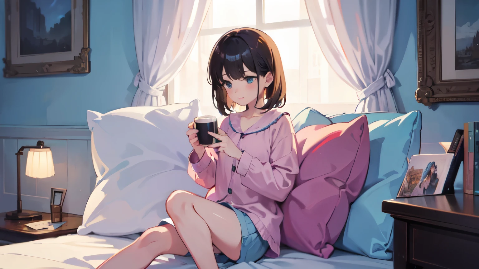 Artistic representation of a girl in pajamas, Enjoy your coffee in bed, Surrounded by an enchanting atmosphere, Beautifully expressed through illustrations.  