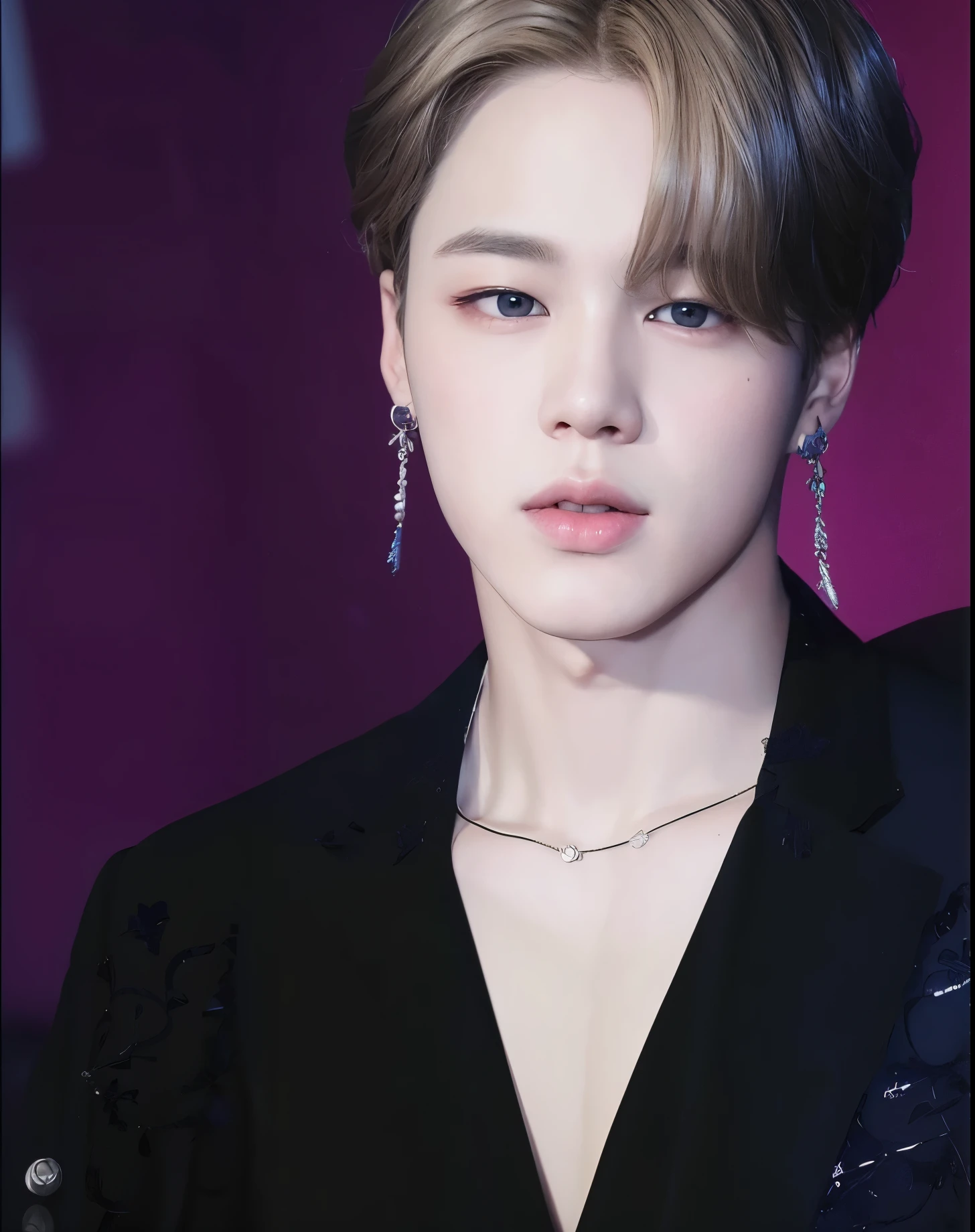 Park Jimin with his angelic beauty is very detailed and dedicated, his eyes are round like a doll's, his skin is pale, his features are delicate and angelic, his mouth is full and large, his hair is blonde and has curly highlights. The image shows the angelic and striking beauty of Park Jimin from BTS, realism in every detail