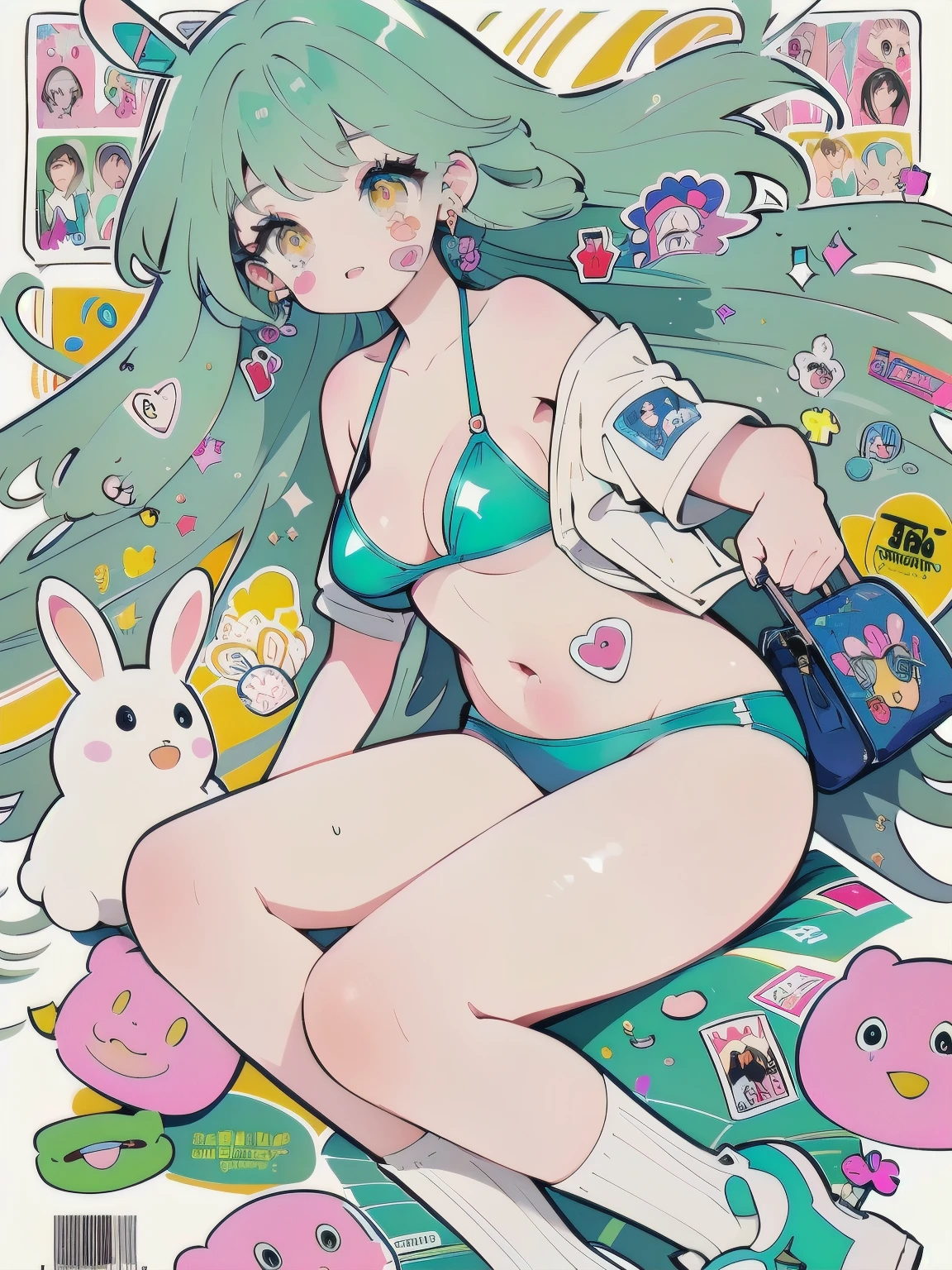 (((dynamic angle))), (((thicc))),pink and blue hair, straight hair, dull bangs, yellow eyes, yellow eyelashes, Beautiful Girls in Anime ,clean small surfaces, (magazine cover:1), ((Full of sweets))、((purse your lips, Throw kiss, flirty smile)), (Lots of stickers:1.5), 1 cute girl, highest quality、ウルトラ - High resolution、High resolution、Detailed CG、8k unit wallpaper、、fine and beautiful eyes, (((Different types of colorful super shiny latex swimsuits)))、(shiny body,:1.5)、((bikini top, bikini bottom long socks、tech sneakers))、big breasts、full of embarrassment、(Ahegao:1.5), (Stick your tongue out a little), light and wind、Highly colored、Alphonse Mucha, shine, watercolor, abstract art, intricate details、fluffy rabbit ears、