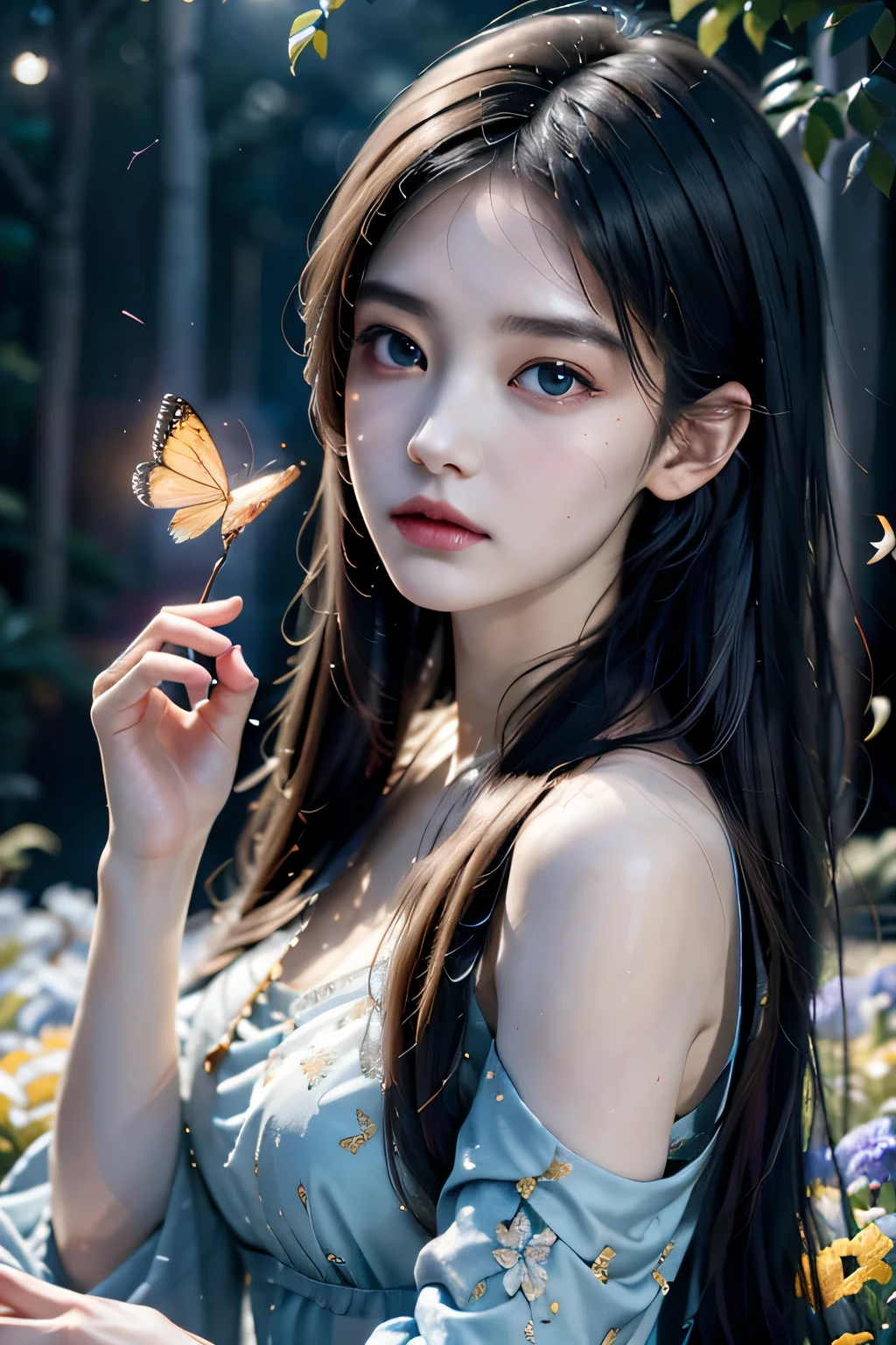 (best quality,4K,8K,high resolution,masterpiece:1.2),Super detailed,(actual,photoactual,photo-actual:1.37),A girl stares into the night under the new moon,The moonlight illuminates her face,Calm expression,breathtakingly beautiful,long flowing hair,Bright Eyes,red face,peaceful atmosphere,magic garden,nature surrounds her,Flowers bloom,Butterflies danced around her,The soft moonlight casts a magical glow,A touch of mystery and surprise,Impressionist painting style,Vibrant colors blend seamlessly,Golden hue with a hint of cool blue,Subtle changes in shadows and highlights,Ethereal and dreamy environment,Delicate brushstrokes create a sense of movement and depth,Subtle details capture every nuance and emotion,Use light and contrast wisely,Create mesmerizing and unforgettable scenes.