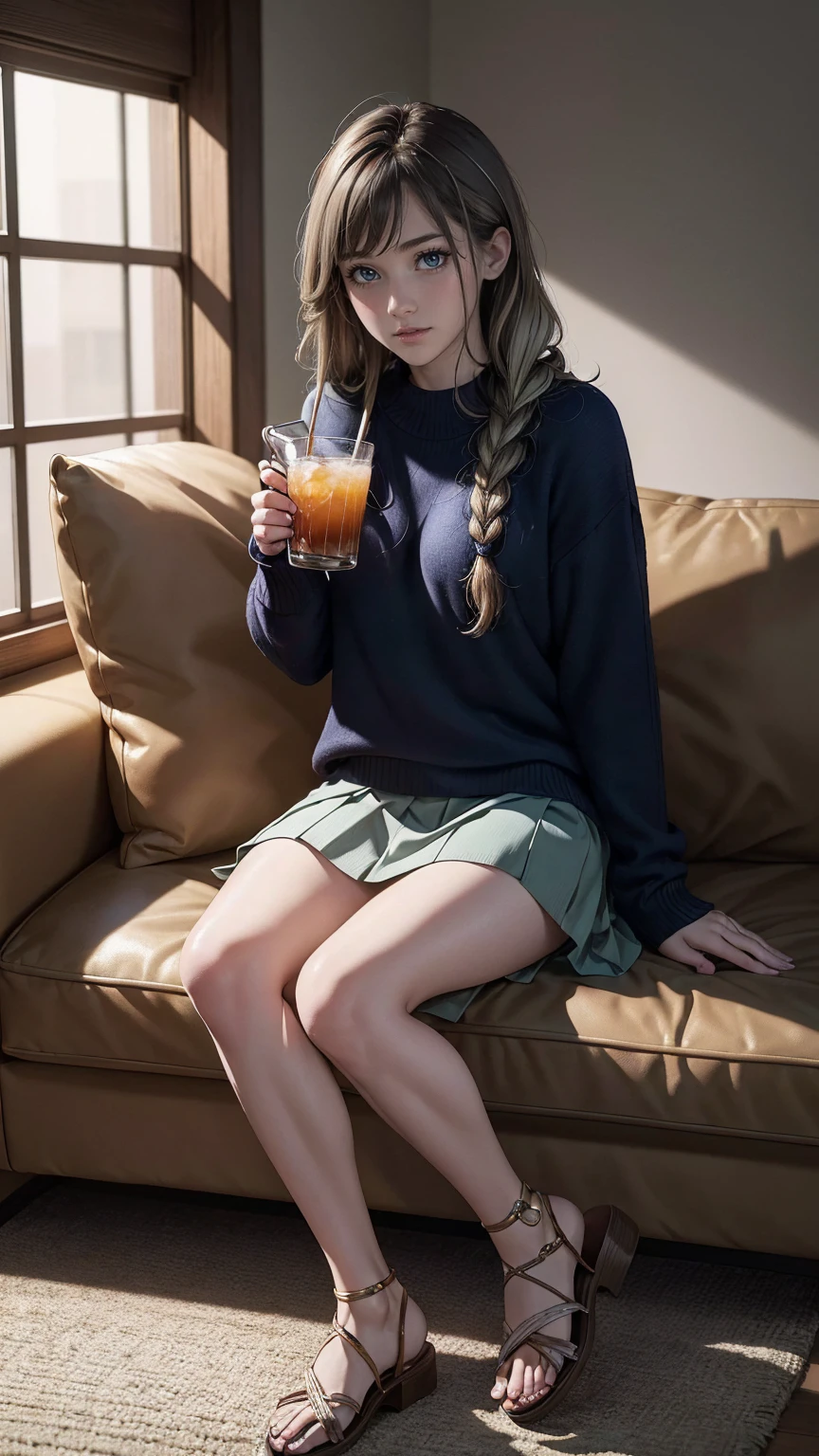 ((最high quality, 8K, masterpiece: 1.3, Ultra HD, high quality, 最high quality, High resolution, realism)) 、(high color saturation:1.0), (highly detailed skin), (最high quality:1.0), (超High resolution:1.0) ,(realistic:1.0), (Super detailed:1.0), (8K, Raw photo:1.1), slender、Slender, muscular body that's toned like an athlete's、23 year old white female、Hair color is brunette、Eye color is indigo、loosely braided、jumper skirt((jumper skirt))wear、wear sandals、In a stylish living room、drink tea on the sofa、smile