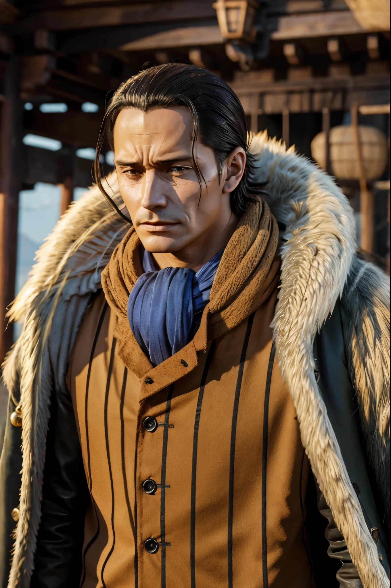 masterpiece, best quality, extremely detailed, hyperrealistic, photorealistic, a cool 40s man, ultra detailed face:1.2, fur-trimmed coat, scarf around the neck, his left hand is a golden pirate hook:1.1, ciger, japanese temple, surprised
