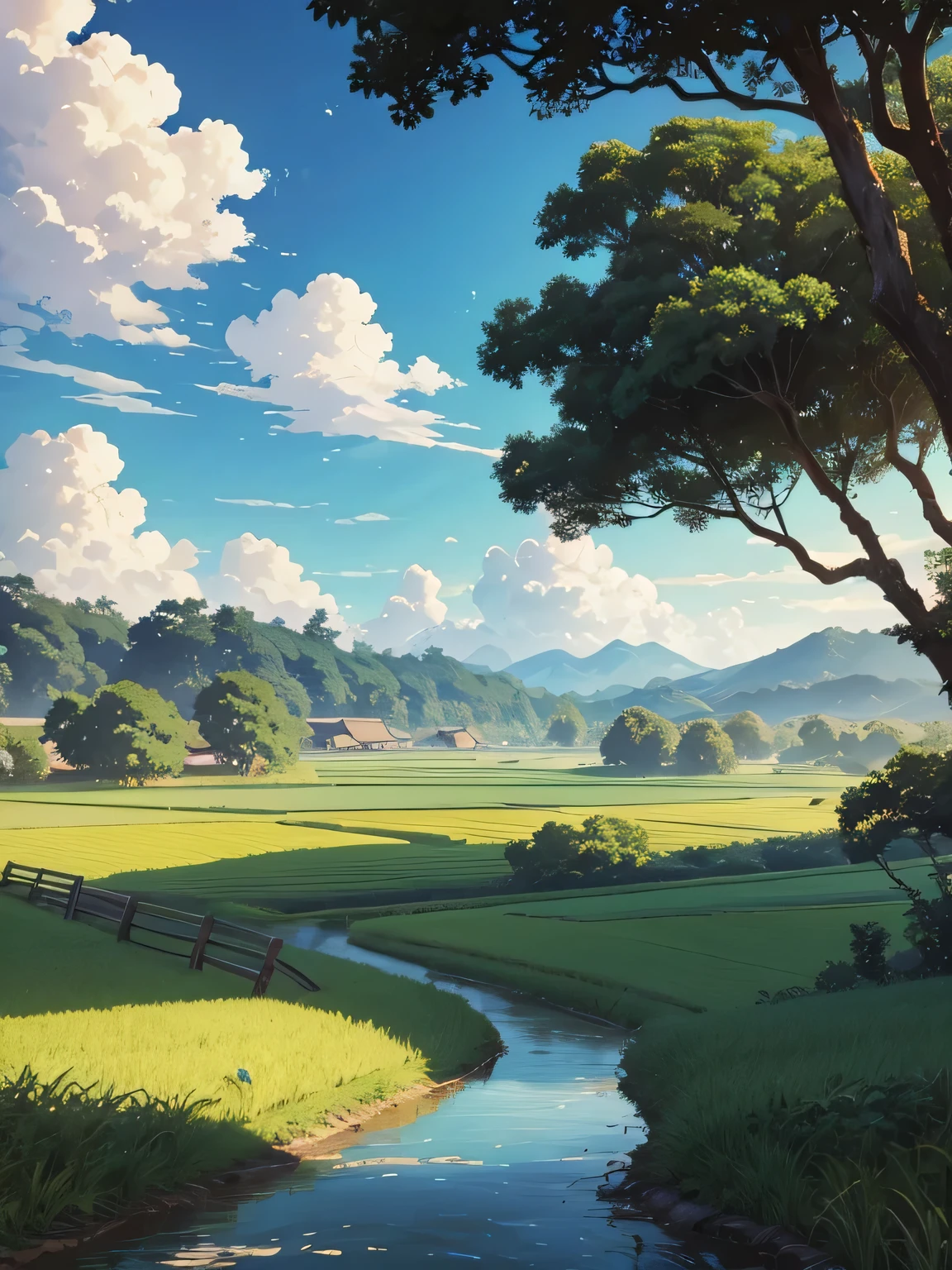 detail painting of a rice farm with a dirt road, small river, coconut trees, anime countryside landscape, anime landscape wallpaper, anime landscape, beautiful anime scenery, beautiful puffy clouds. anime, anime scenery, anime background, anime background art, country landscape, anime beautiful peace scene, beautiful anime scene, countryside, hd wallpaper, anime movie background, high quality desktop wallpaper, landscape wallpaper