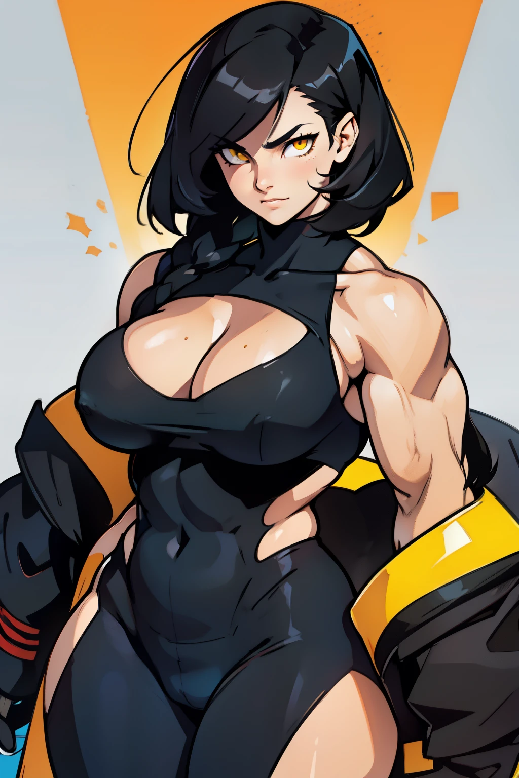 muscular girl large breasts black hair yellow eyes 