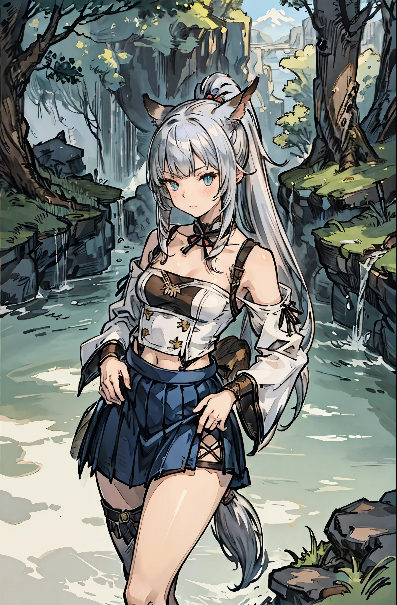 miqo'te, ffxiv, catgirl, samurai, silver hair, blue-green eyes, tail, bangs, ponytail, small , long skirt, 1girl,